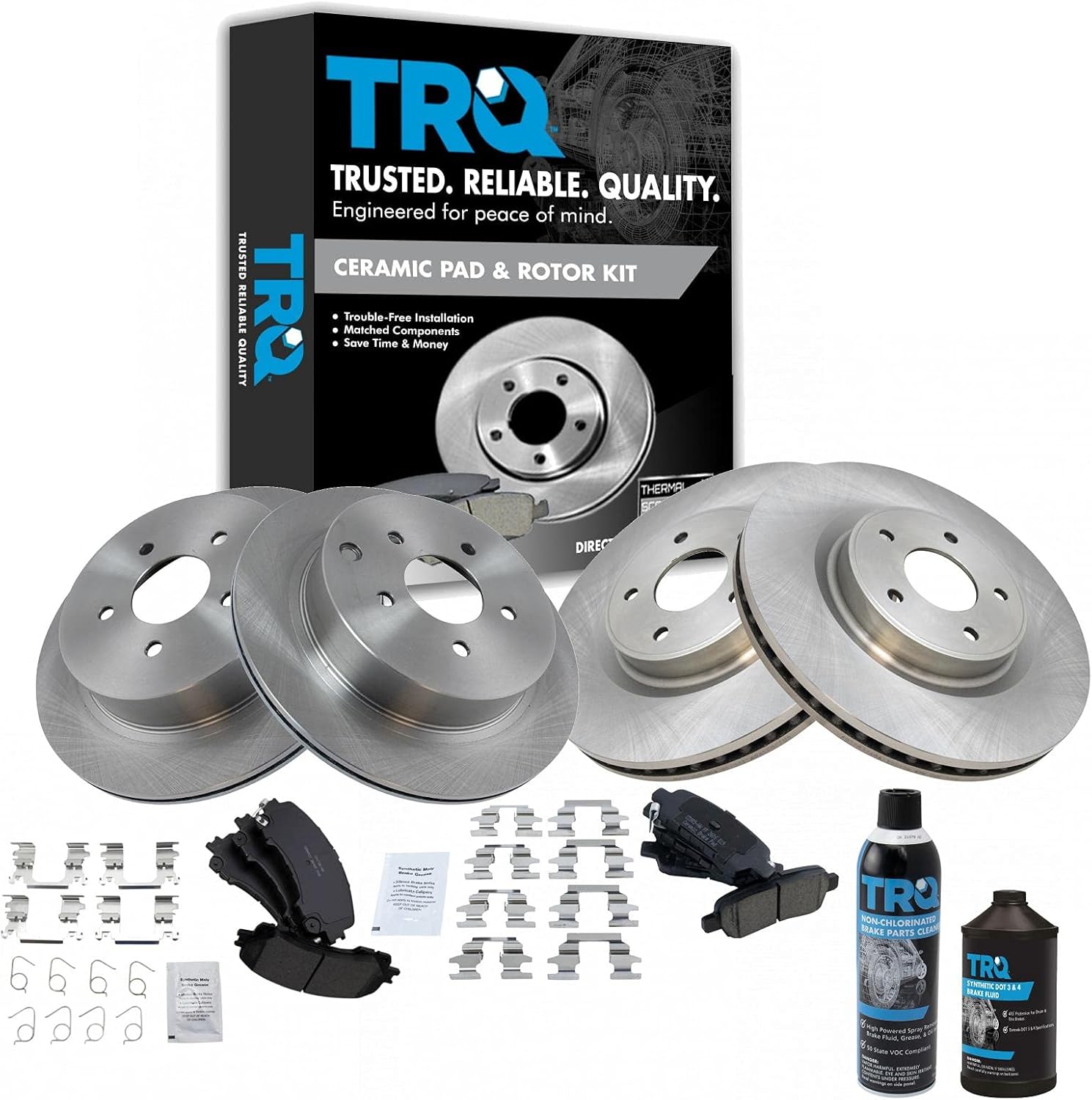 TRQ Front and Rear Brake Pad & Rotor Kit Brake Chemical Kit Brake Pads Brake Rotor Ceramic Vented Compatible with 2014-2020 INFINITI Q50 2017 Q60