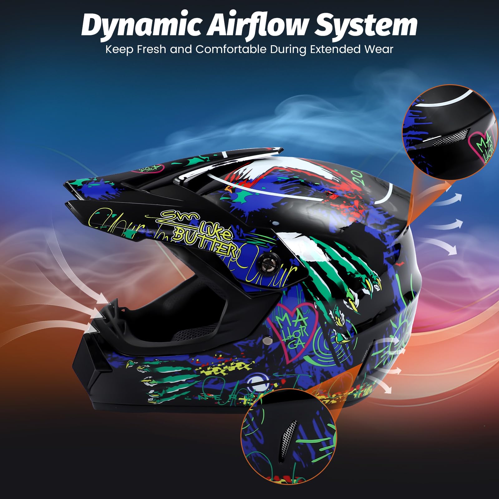 Set casco da motocross con occhiali e guanti | Casco da moto per circonferenza della testa 55-56 cm, colorato, grafica fuoristrada, guscio in ABS, occhiali protettivi a