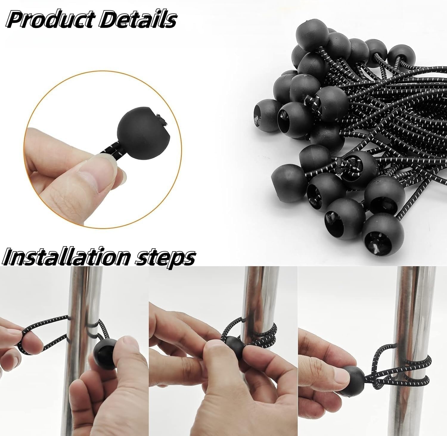 20 PCS Ball Bungee Cord, Heavy-Duty & Versatile, Indoor & Outdoor, Tarp Tie-Down, Organize & Secure, 6-Inch, Interface Color