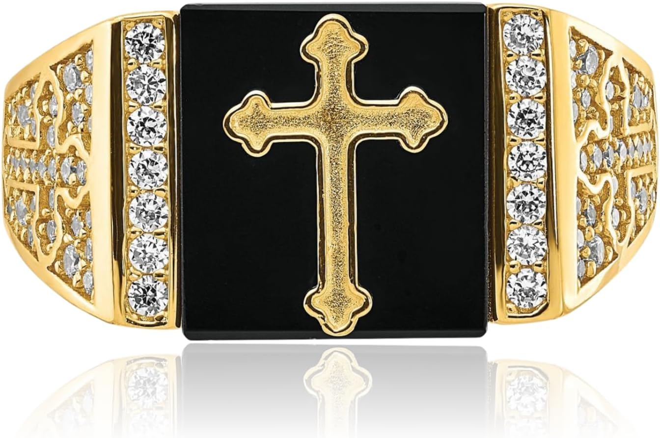 IceCarats 10K Solid Yellow Gold Black Onyx Cubic Zirconia Cross with Signet Ring 2.4mm Slim Band Prong Set