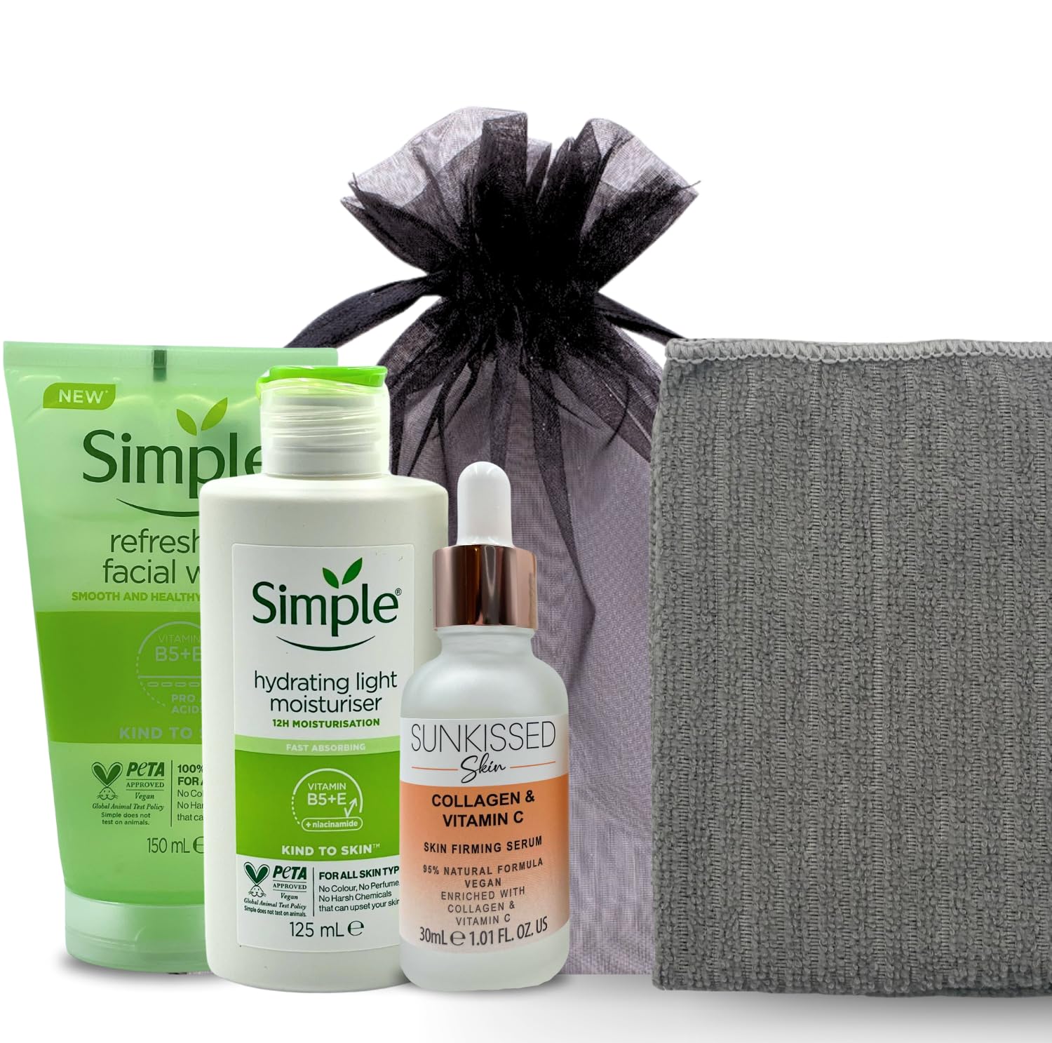 Simple Skincare Set – Face Wash, Hydrating Cleanser, Sunkissed Skin Firming Serum & Moisturiser Bundle (Grey)