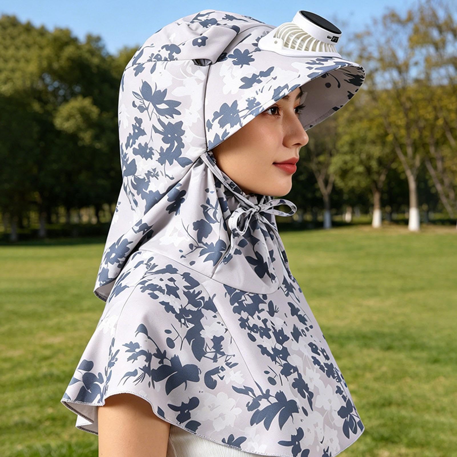 Solar Fan Hat Wide Brim Scialle Collo Flap 3 Velocità Grigio