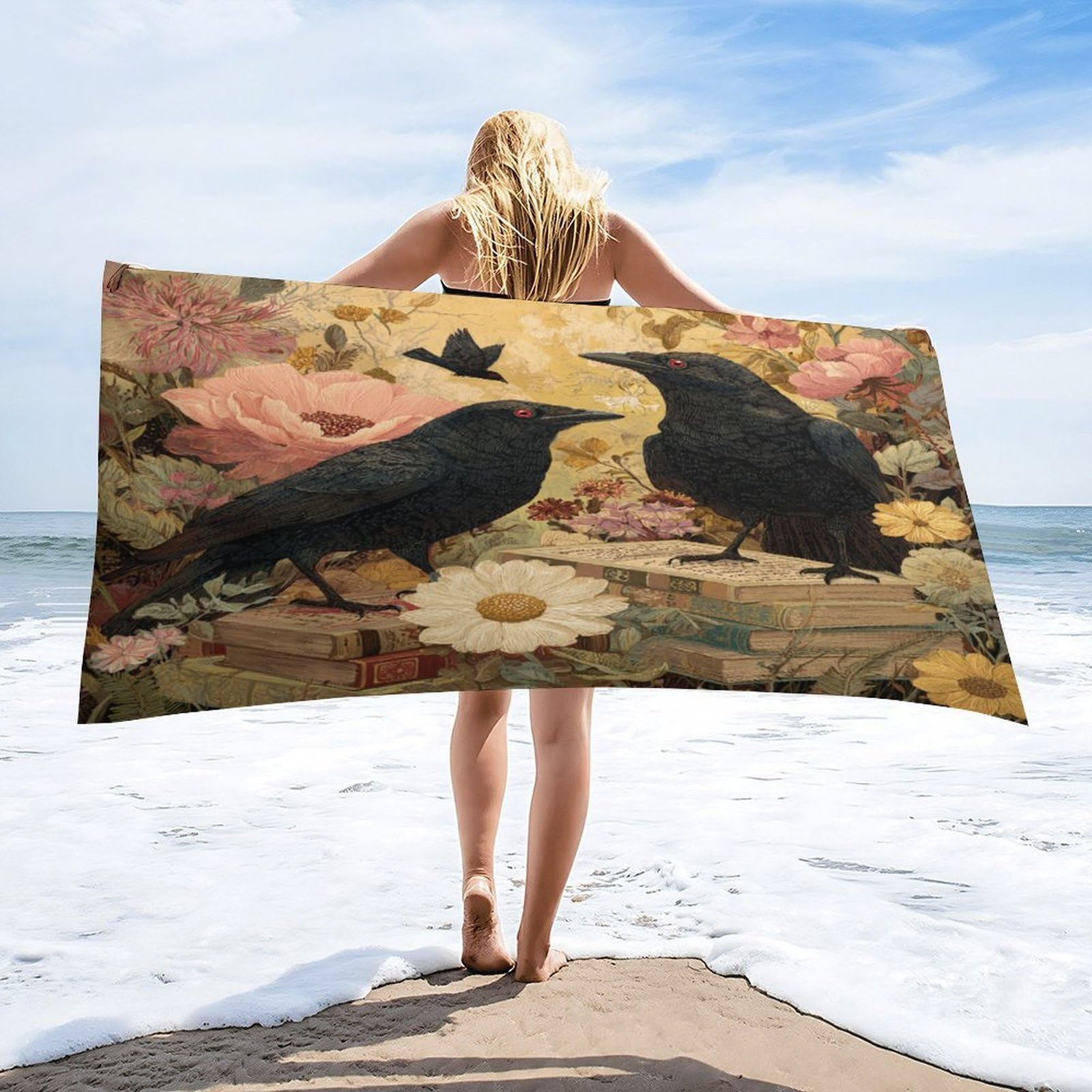 Luyysky Rustic Abstract Animal Crow Absorbent Beach Towel, Classic Gothic Watercolor Wildlife Raven Plant Daisies Floral Books Outdoor Single-Sided Velvet Beach Towel-80 W Cm X 160" L Cm
