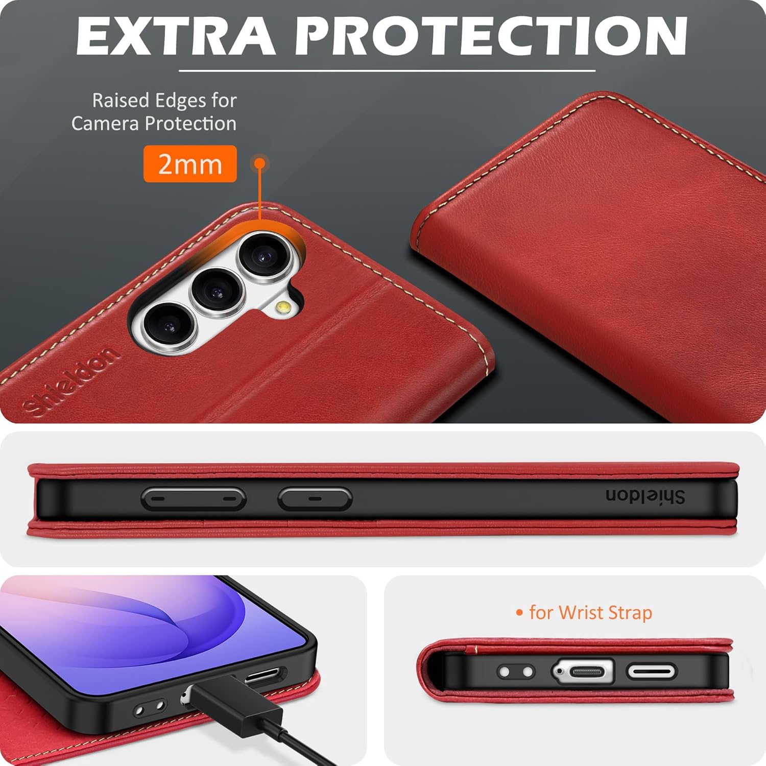 SHIELDON Case for Galaxy S26 Plus 6.7", Genuine Leather Wallet Flip Book RFID Blocking Credit Card Holder, Kickstand, Shock Absorbing Protective Cover Compatible with Galaxy S26+ 2026 - Retro Red