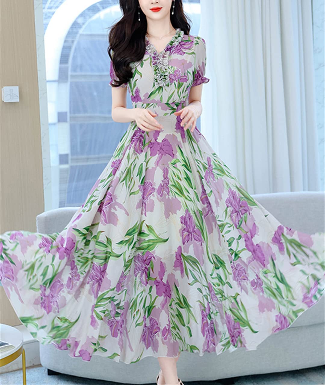 Abito lungo da donna, in chiffon, floreale, alla moda, elegante, con scollo a V, abito midi