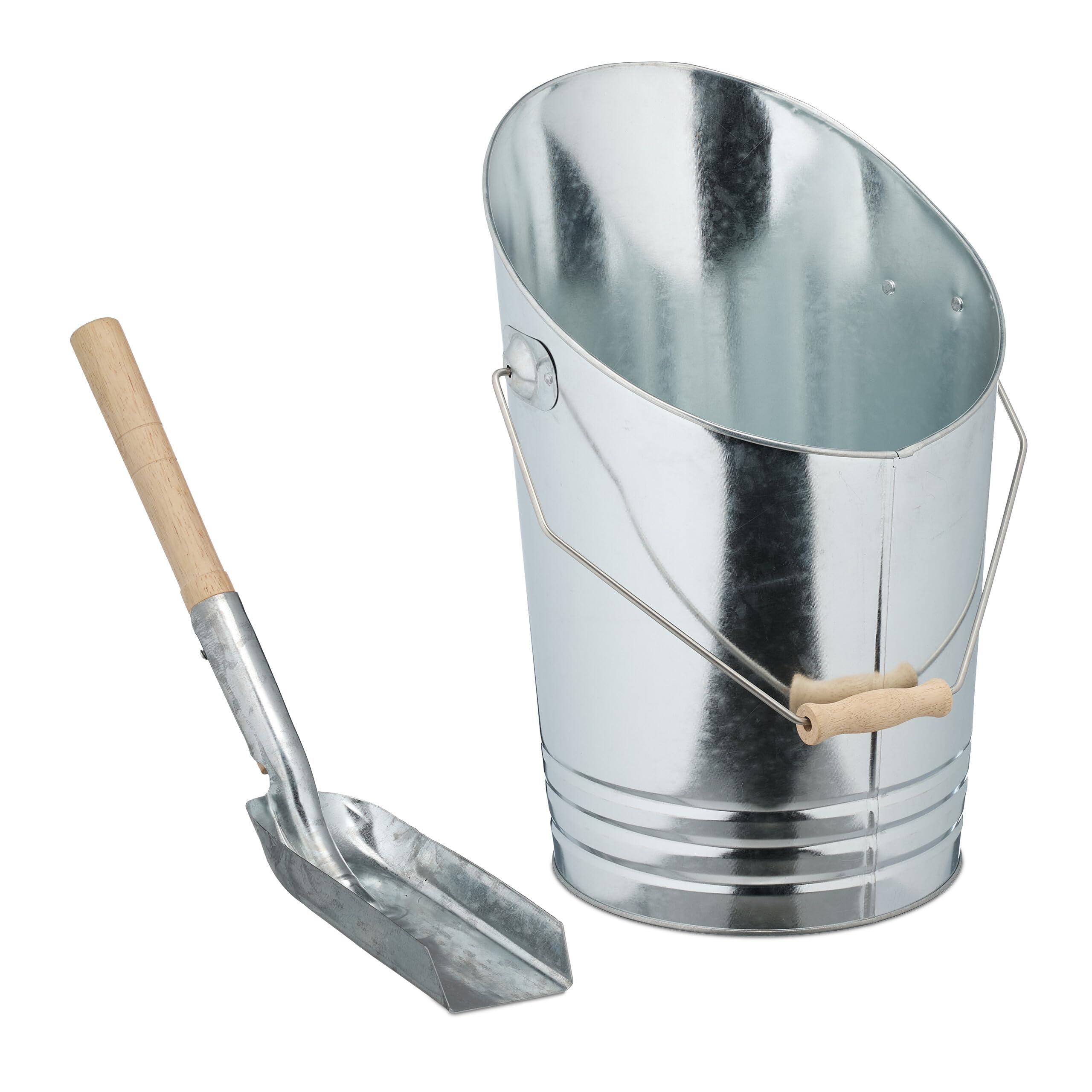 Relaxdays Coal Bucket with Shovel, 10 L, Scuttle, Bin for Charcoal, Pellets & Briquettes, Fireplace Accessories, Silver, Wood, Iron