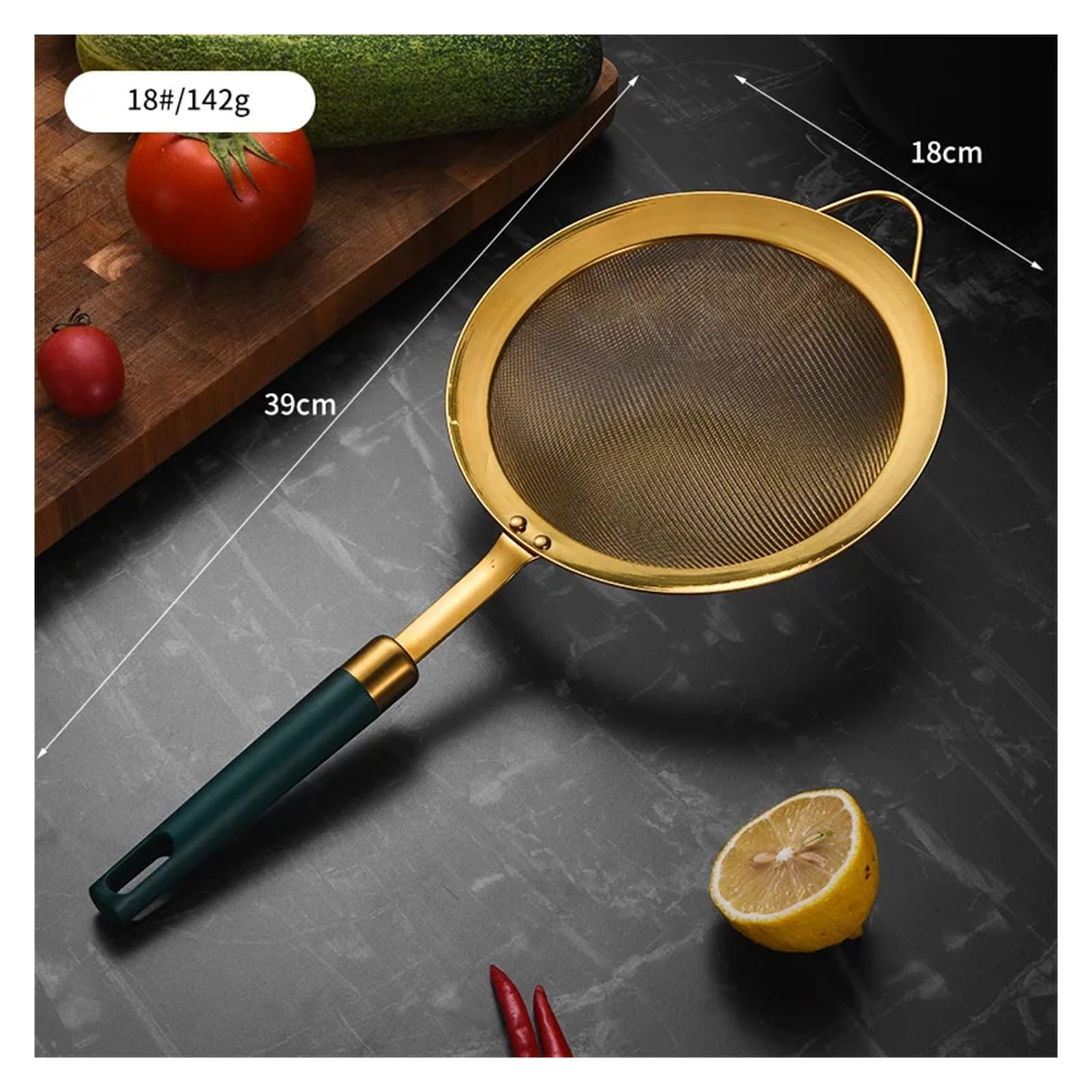 colador acero inoxidable Colador de malla fina acero inoxidable 304 con mango dorado y verde, cuchara colador, utensilios cocina(18cm)