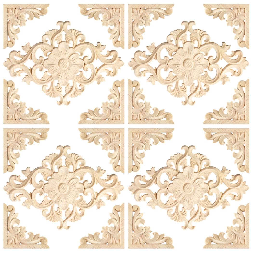 20 Pcs Carved Wood Appliques Set Decorative Onlays for Furniture, Cabinet, Wall, and Door DIY Projects