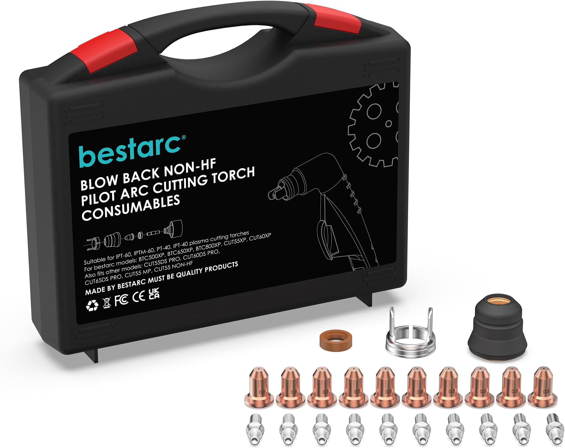 bestarc Blow Back Plasma Cutter Torch Consumables, 23Pcs Cutting Torch Tip Nozzles Kit with Suitcase For BTC500XP, BTC650XP, CUT55XP, CUT60XP, CUT-65DS PRO CUT-60DS PRO, CUT-55DS PRO
