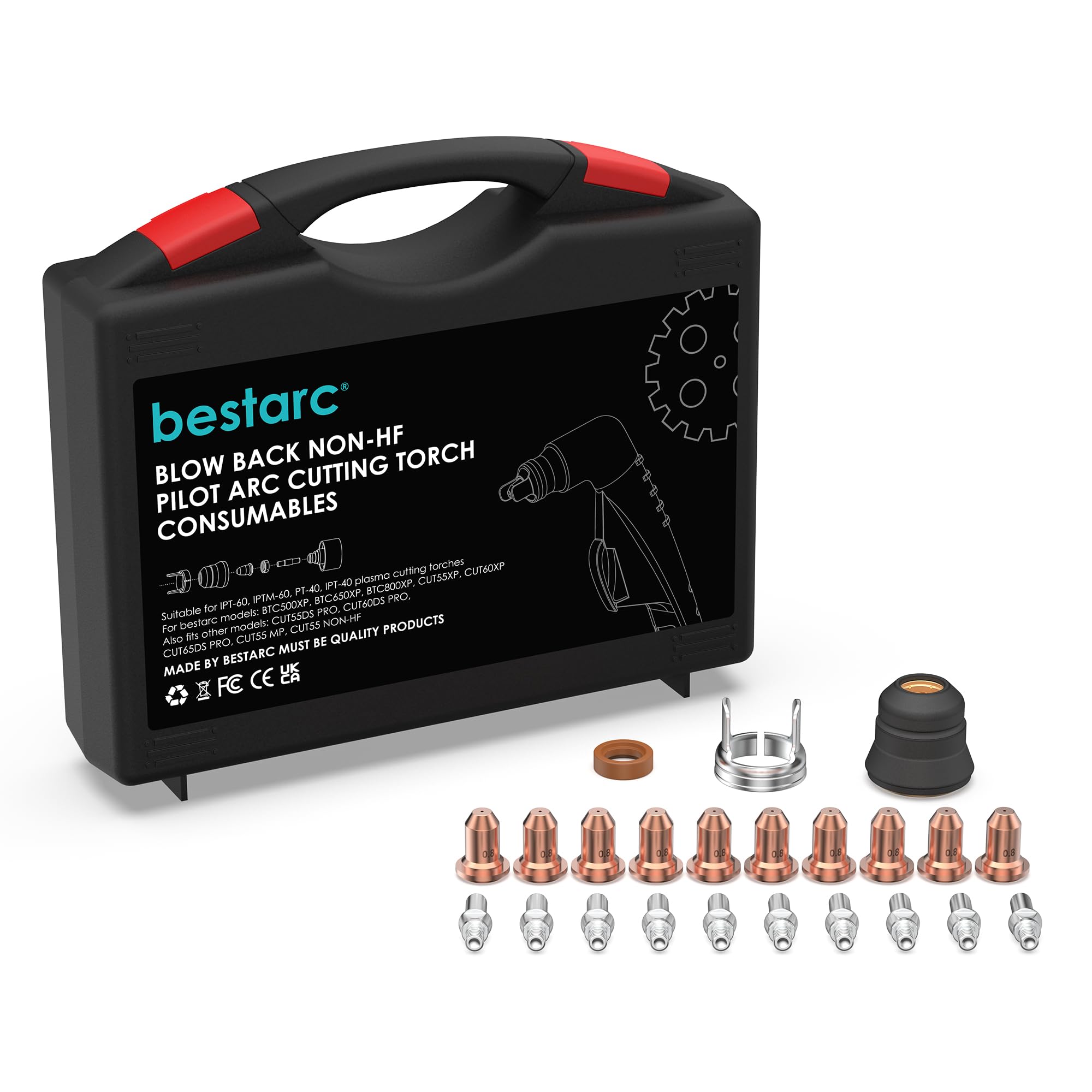 bestarc Blow Back Plasma Cutter Torch Consumables, 23Pcs Cutting Torch Tip Nozzles Kit with Suitcase For BTC500XP, BTC650XP, CUT55XP, CUT60XP, CUT-65DS PRO CUT-60DS PRO, CUT-55DS PRO