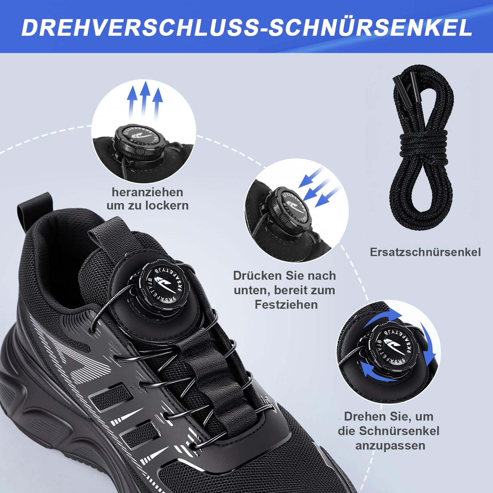 Arbeitsschuhe Herren Sicherheitsschuhe Stahlkappenschuhe mit Drehschnalle Schnürsenkeln rutschfeste Leichte Arbeitsschuhe