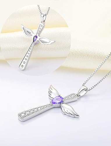 Miniatura 5 de YL Collar de cruz de plata de ley 925 con alas de ángel, colgante de lágrima y circonita cúbica