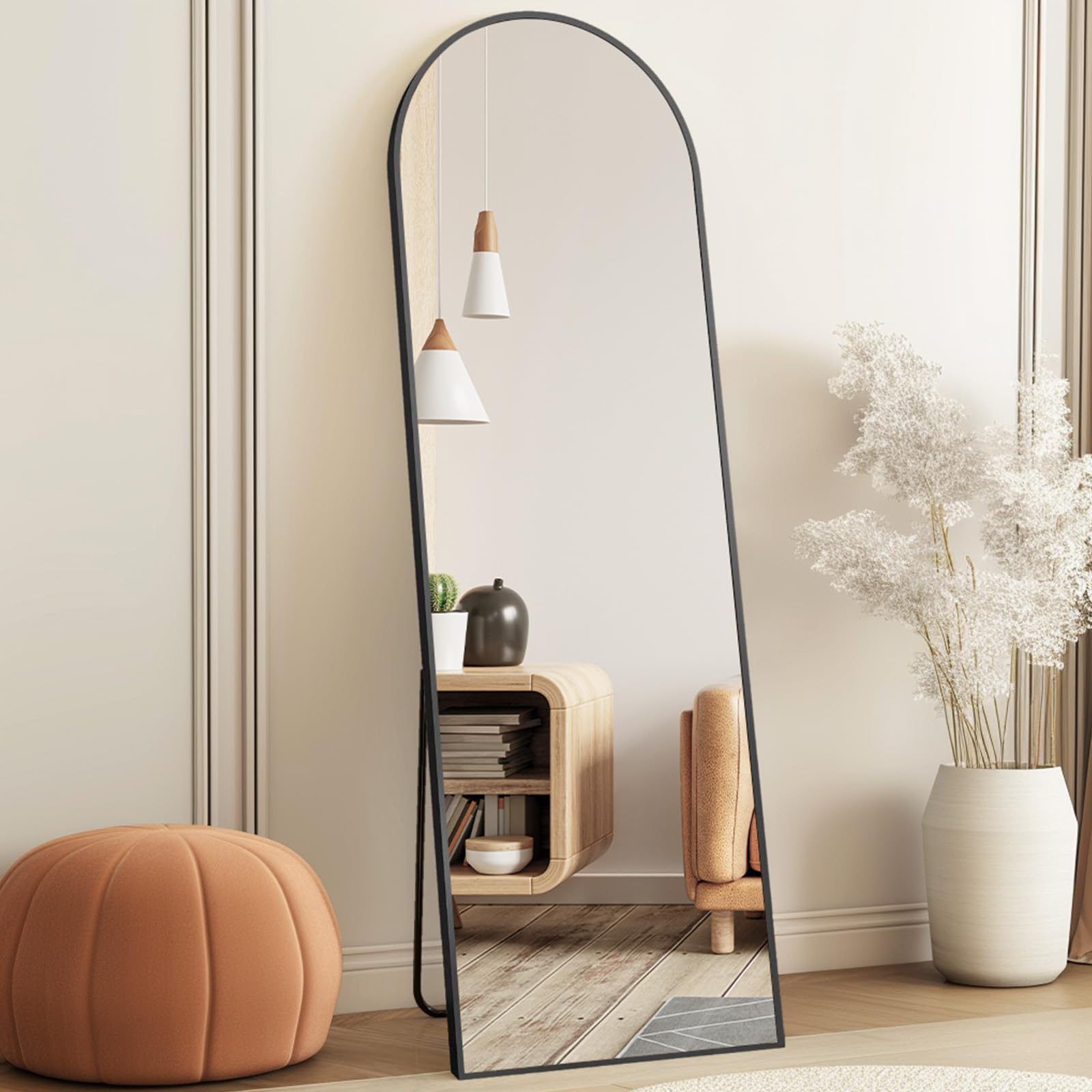 dumos arched full length mirror with stand floor standing aluminum frame for bedroom body hanging leaning modern simple home decor shatter-proorf nano glass wall cloakroom natural black 59"x16"