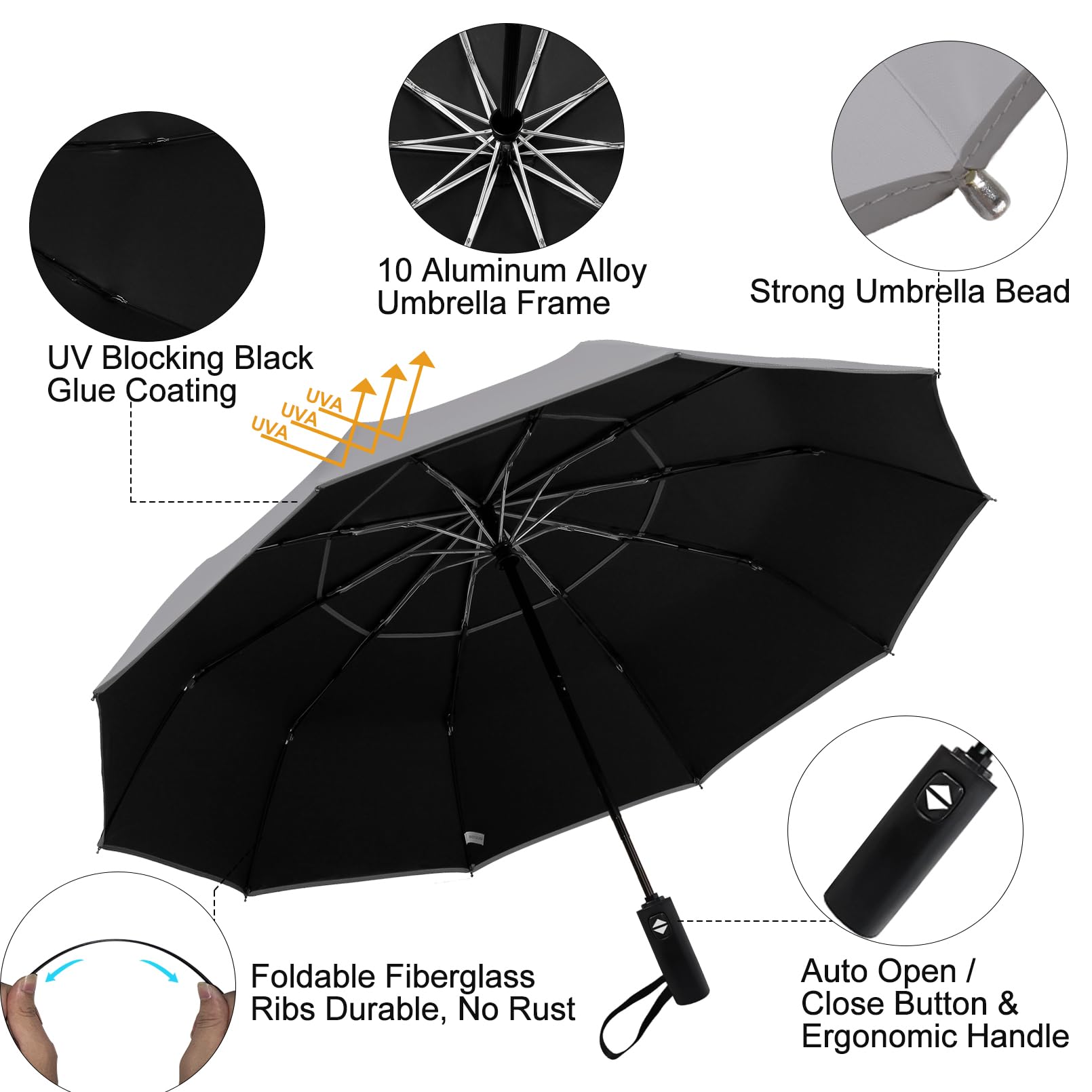 Satol Extra Large Golf Umbrella, 46/54/62 Inch Windproof 10 Ribs Vented Double Canopy Reflective Strips Automatic Open/Close Waterproof UV Protection Portable Compact Umbrella for Outdoor & Travel