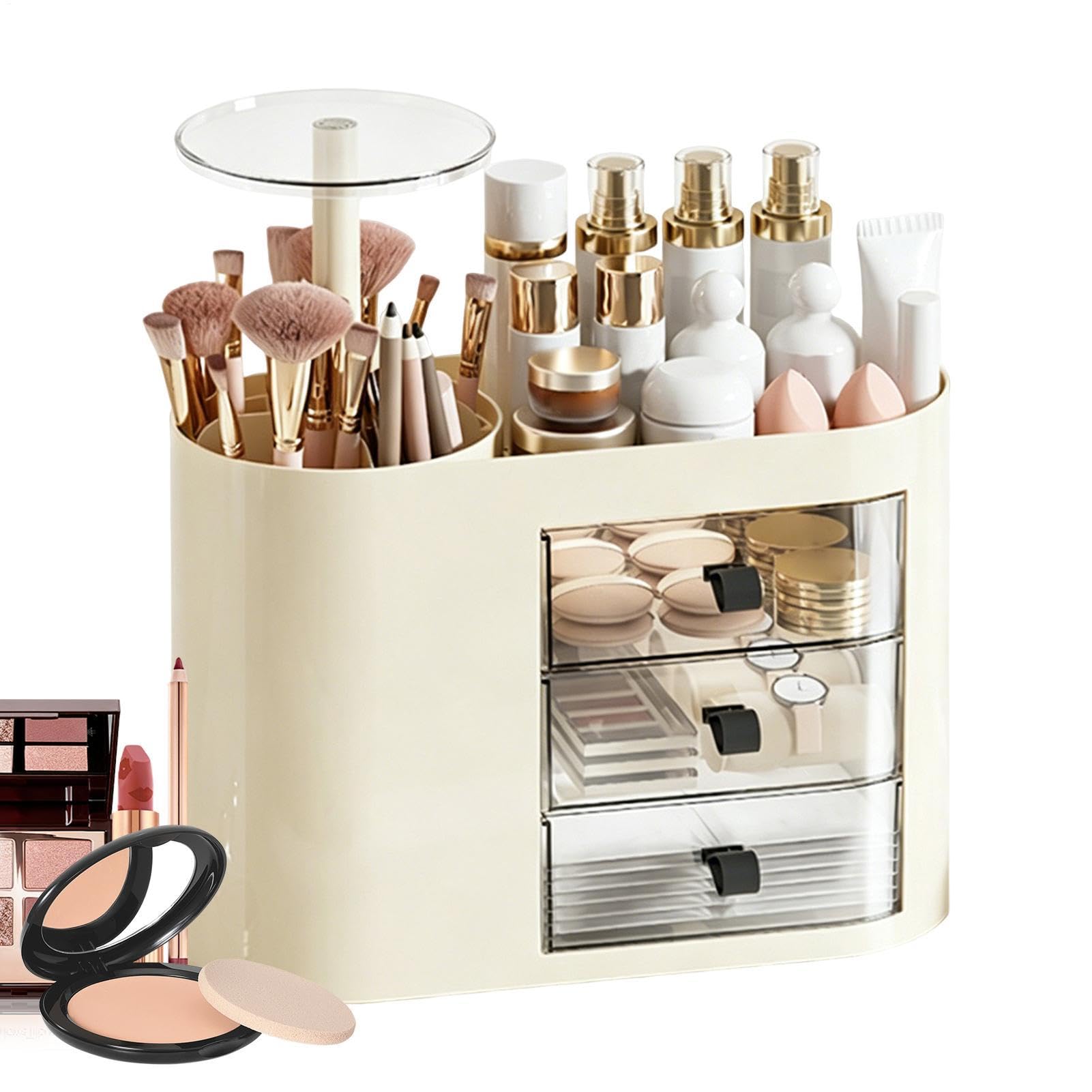 Organizador Cosmético con 3 Cajones de Gran Capacidad | Cosmética con Soporte Elevable para Brochas En Hogar Baño Cómoda Encimera Artículos De Aseo Perfume Y