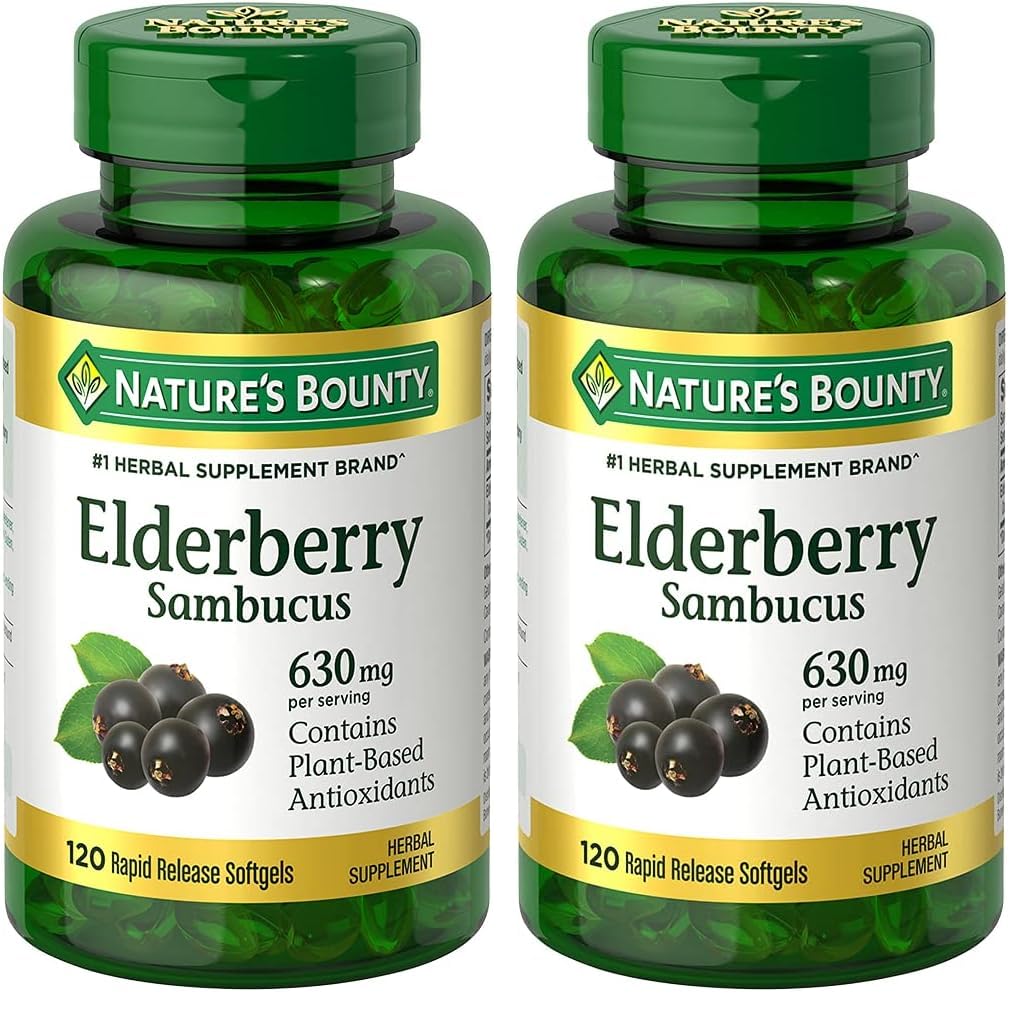 Nature's Bounty Sambucus Elderberry Herbal Supplement, Rapid Release Softgels, 630 mg per Serving, 120 Count (Pack of 2)