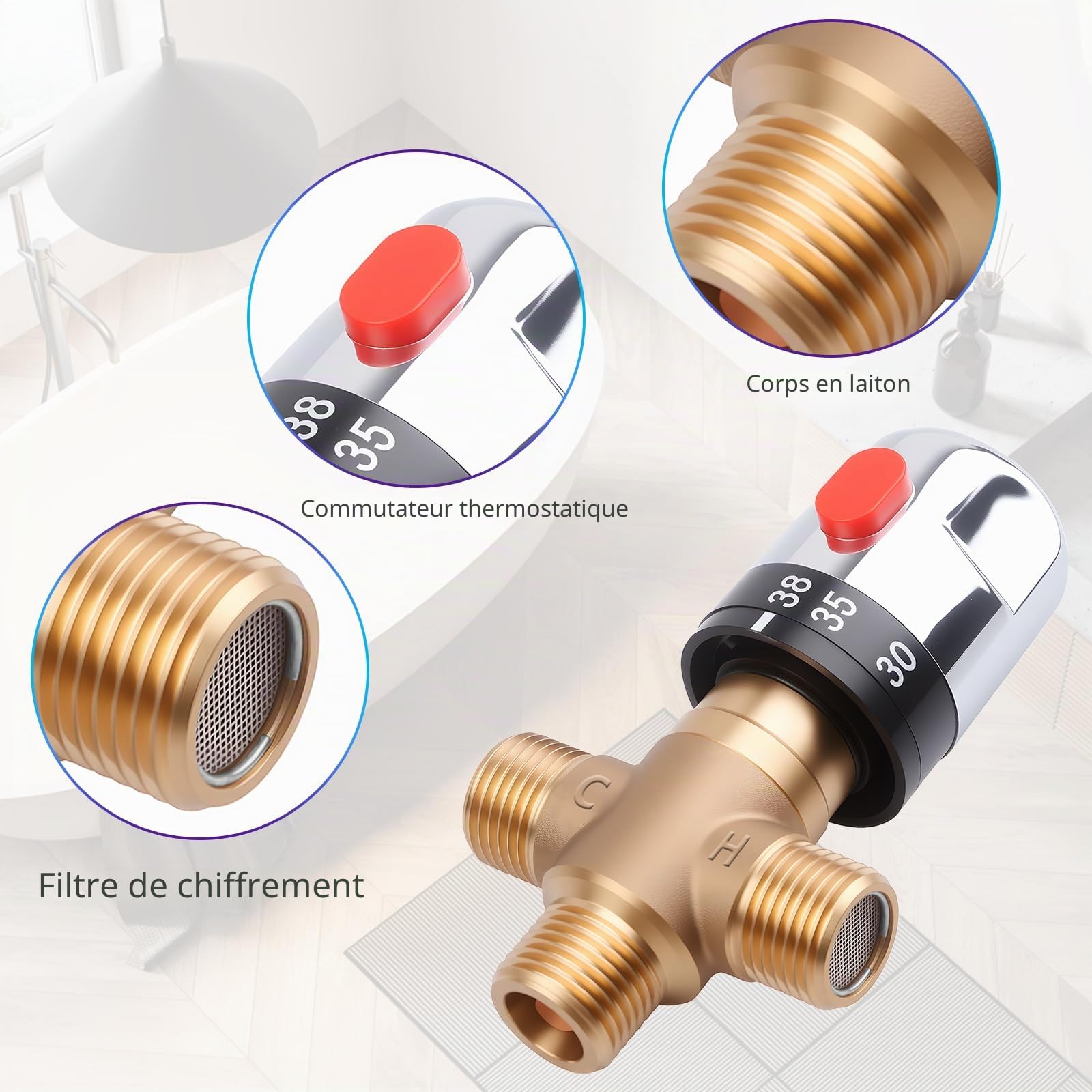 Vanne de mélange thermostatique, mélangeur thermostatique à 3 voies, mélangeur thermostatique G1/2, vanne de contrôle de la température de l'eau, vanne de mélange thermostatique pour utilisation
