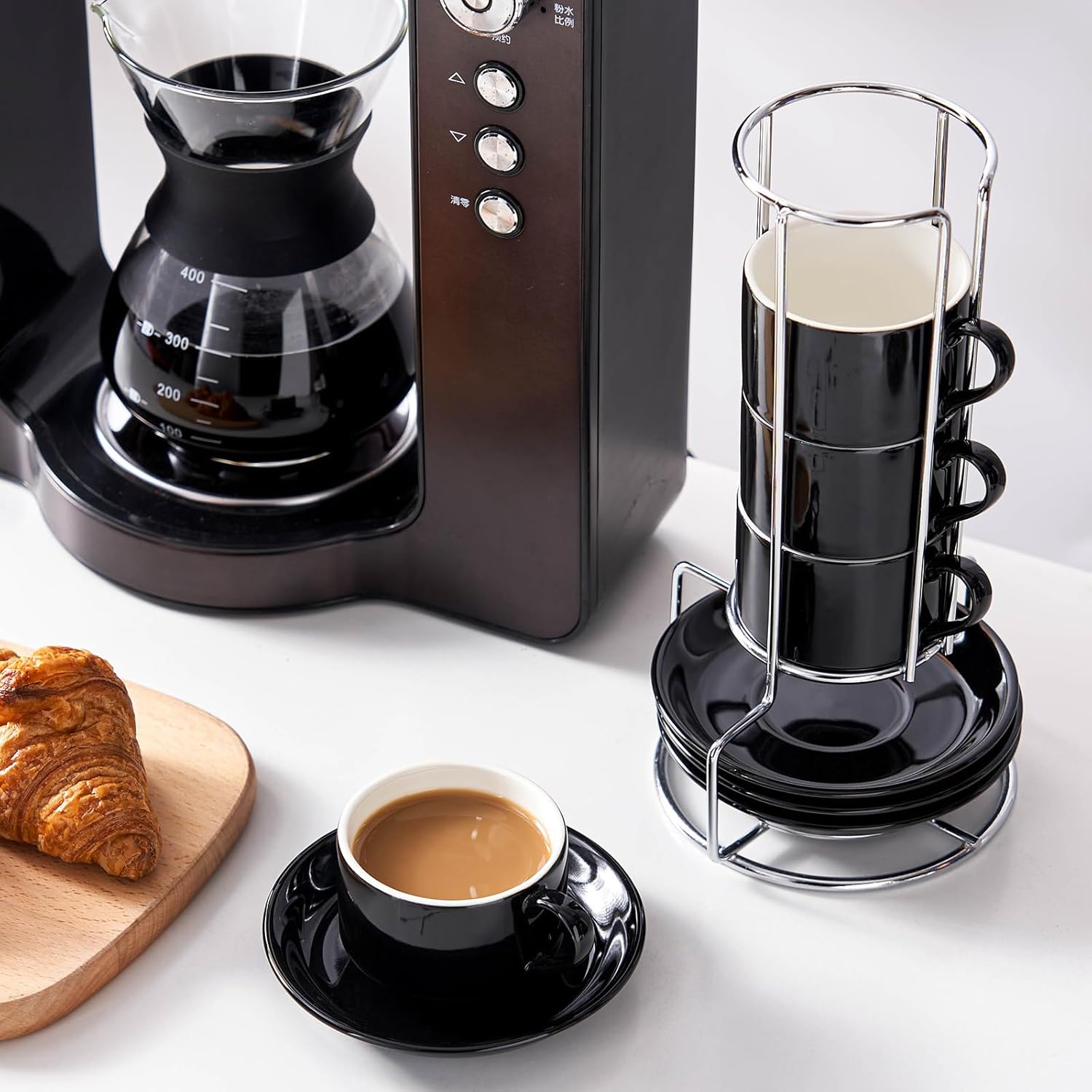 2.5oz Espresso Cups Set of 4, Small Stackable Coffee Cups with Saucers and Metal Stand, Ceramic Demitasse Cups, Cappuccino Cups for Coffee Drinks, Latte, Black - Image 4