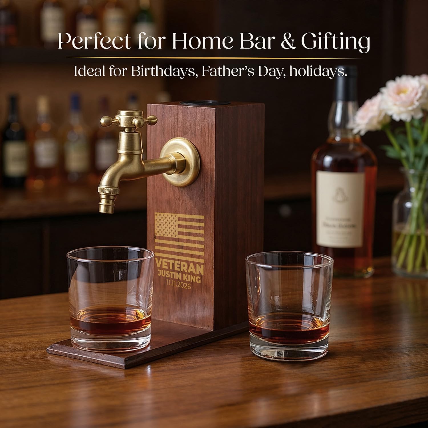Custom Engraved Veteran Flag with Name and Date, Liquor/Bourbon Wooden Whiskey Dispenser Personalized Drink Pourer Premium Home Bar Gift for Men, Husband, Dad, Son