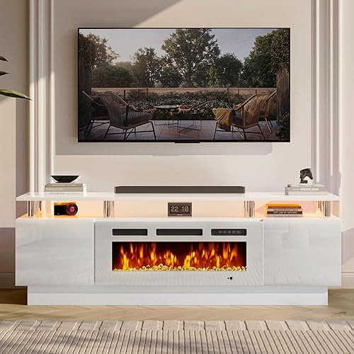 MXV 70" Fireplace TV Stand, Modern Entertainment Center & 36 Inch Electric Fireplace with Remote Control, LED Light, Fire Place Tv Stand for Living Room for TVs up to 80", White + White