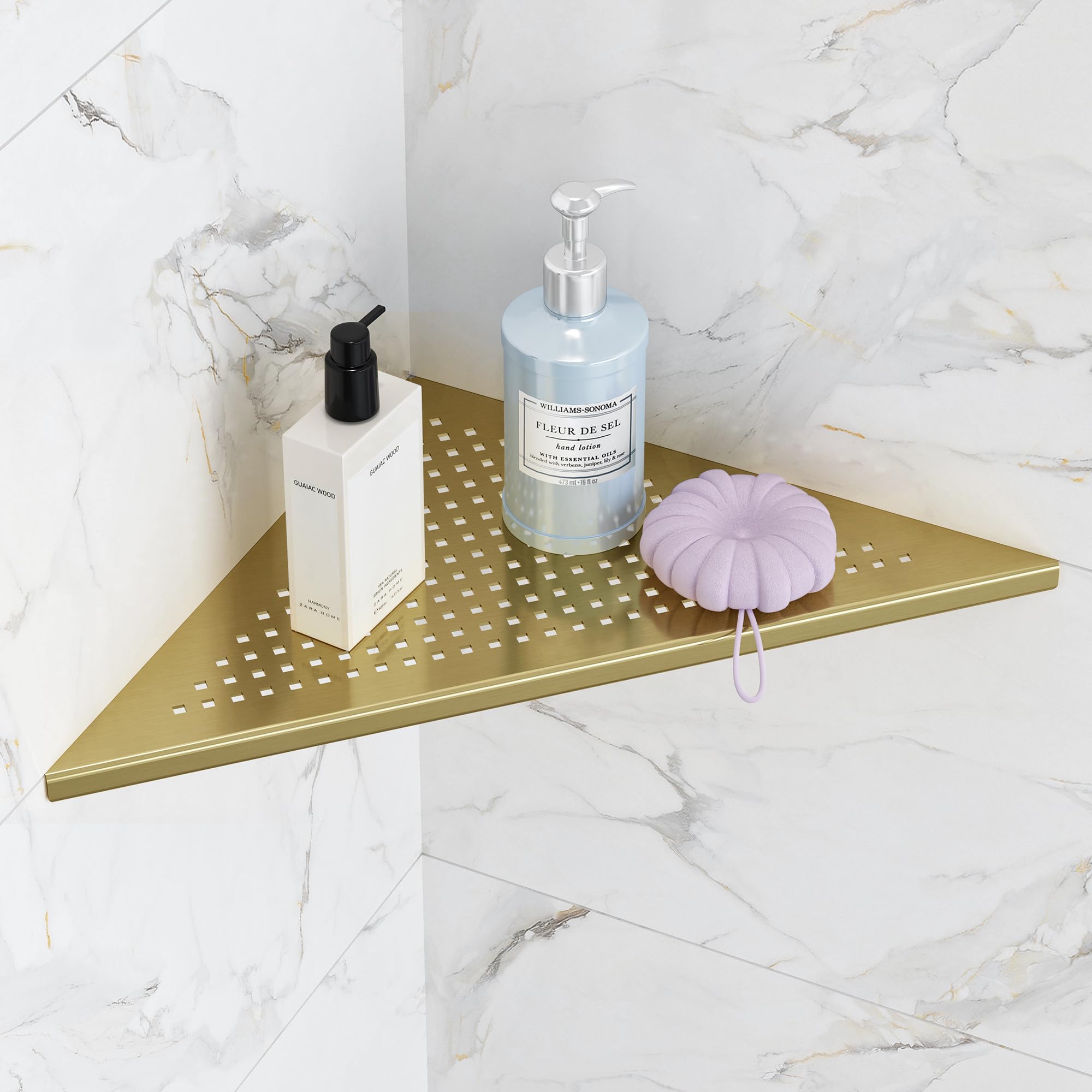 Qeke Estante esquinero de baño, empotrado de 12 pulgadas, estante de ducha de acero inoxidable SUS304 triangular para montaje en pared, sin taladrar, dorado cepillado