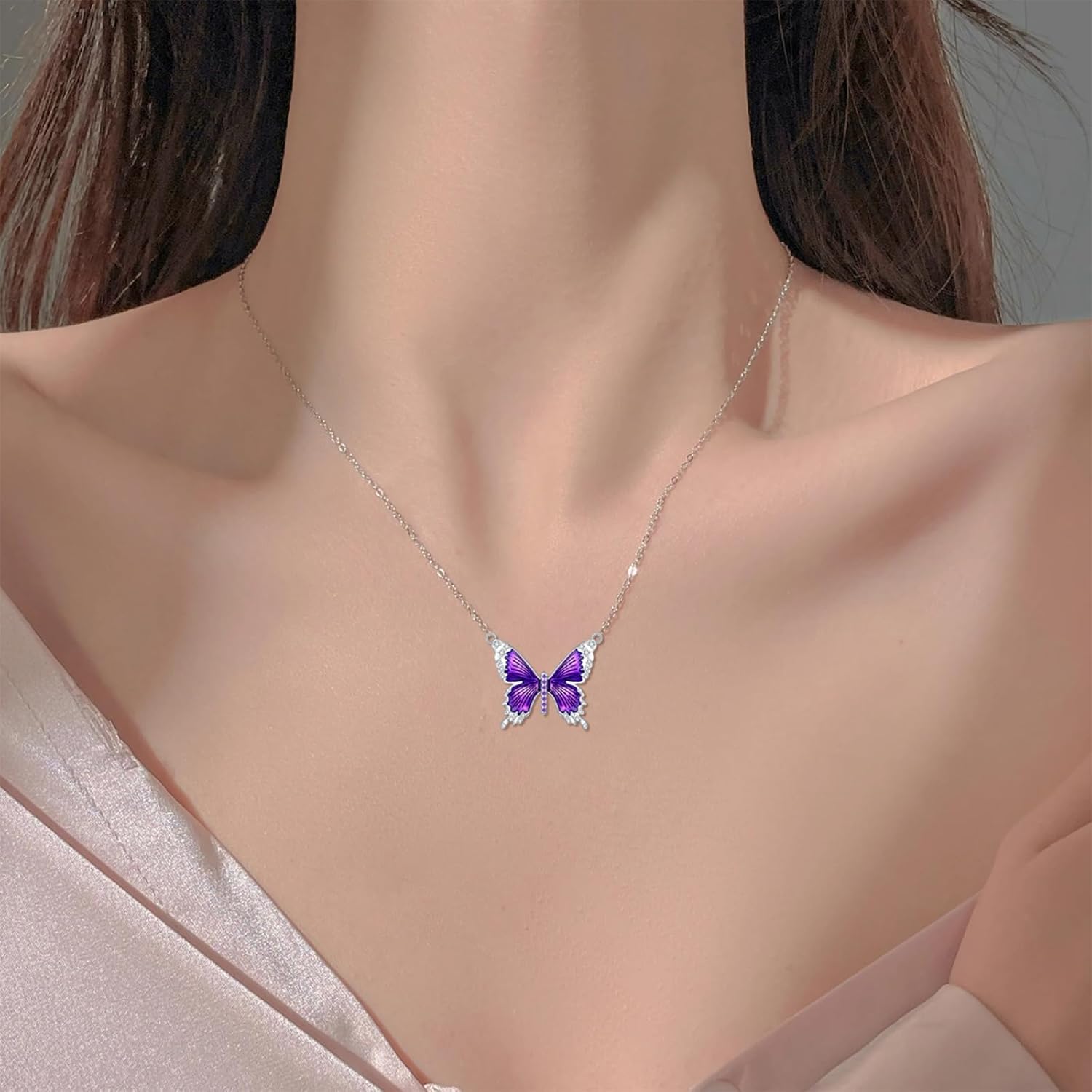 Blue/Purple Butterfly Necklace for Women 925 Sterling Silver Moissanite Dainty Cute Butterfly Pendant Necklace Butterfly Charm Jewelry Gift for Her - Image 5