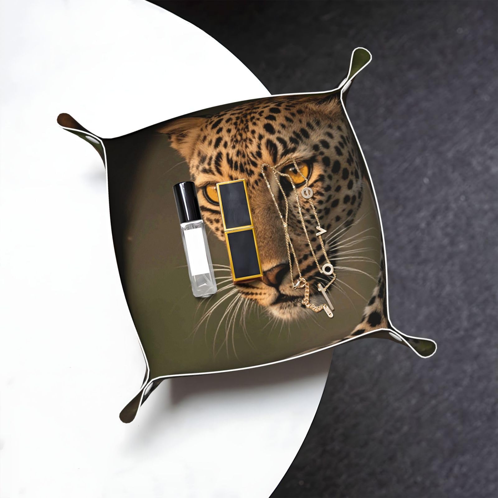 Cheetah Valet Tray Organizer Pu Leather Travel Catchall Tray Organizer Portable Jewelry Tray Storage Keys Tray for Entryway Table Coins Watches Candy