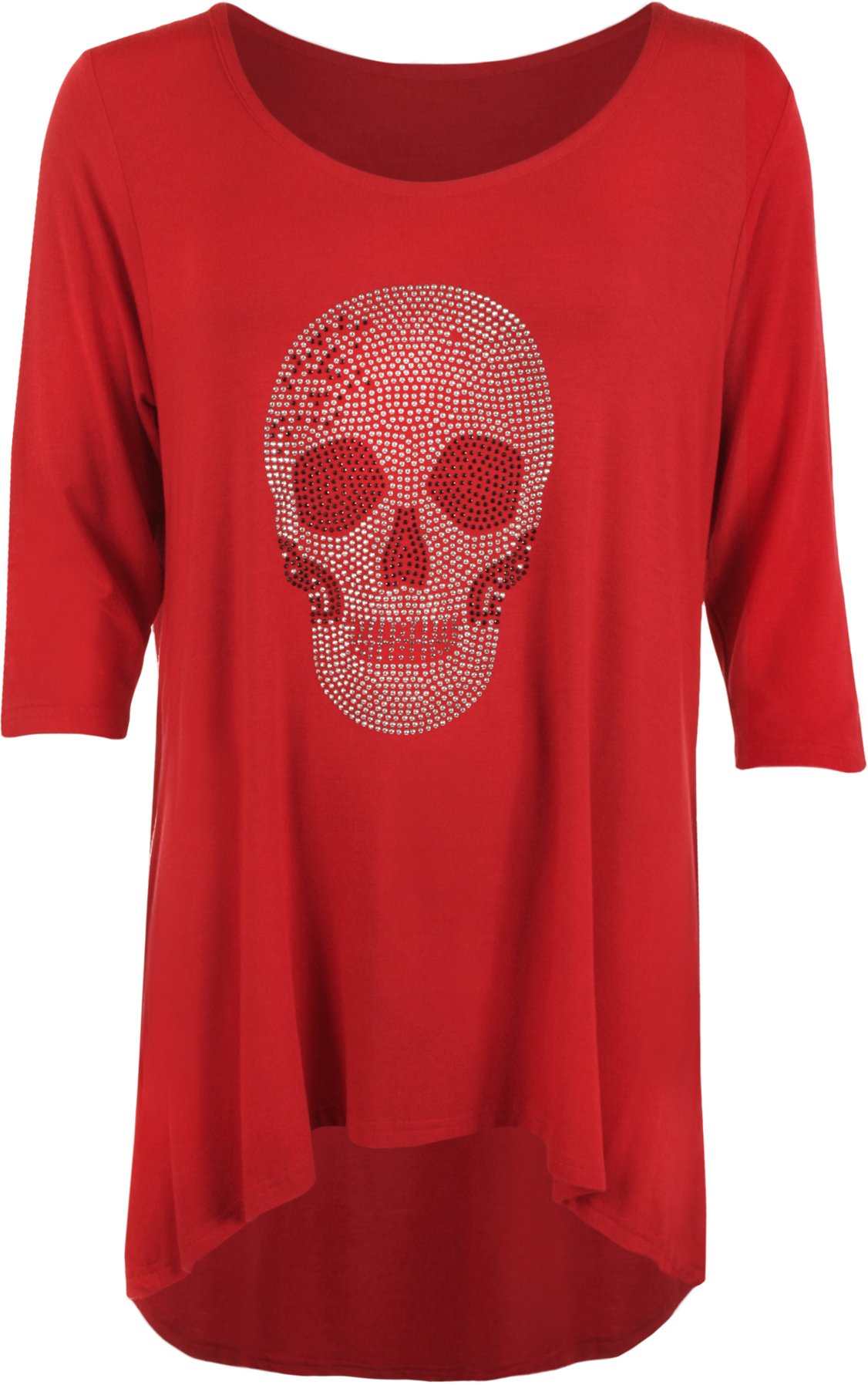 Wearall Women's Red Silver Plus Size Skull Tail Back Dip Hem Long Scoop Neck Sleeve Top - 26/28