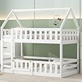 Twin Over Twin House Bunk Bed Frame for Boys Girls Kids Adults Toddler with Fence and Door, White