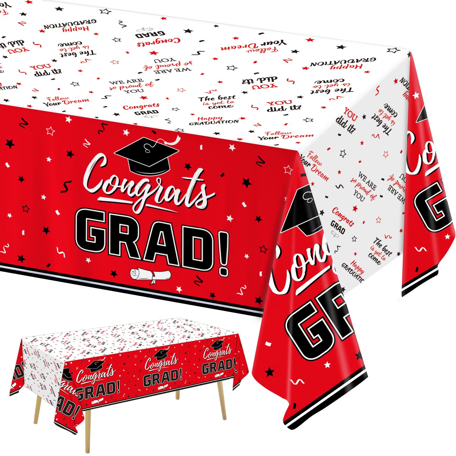 Oigco Graduation Decorations Congrats Grad Graduation Tablecloth for 2024 Graduation Party Supplies, 3 Pack Class Red Plastic Table Cloths, 54