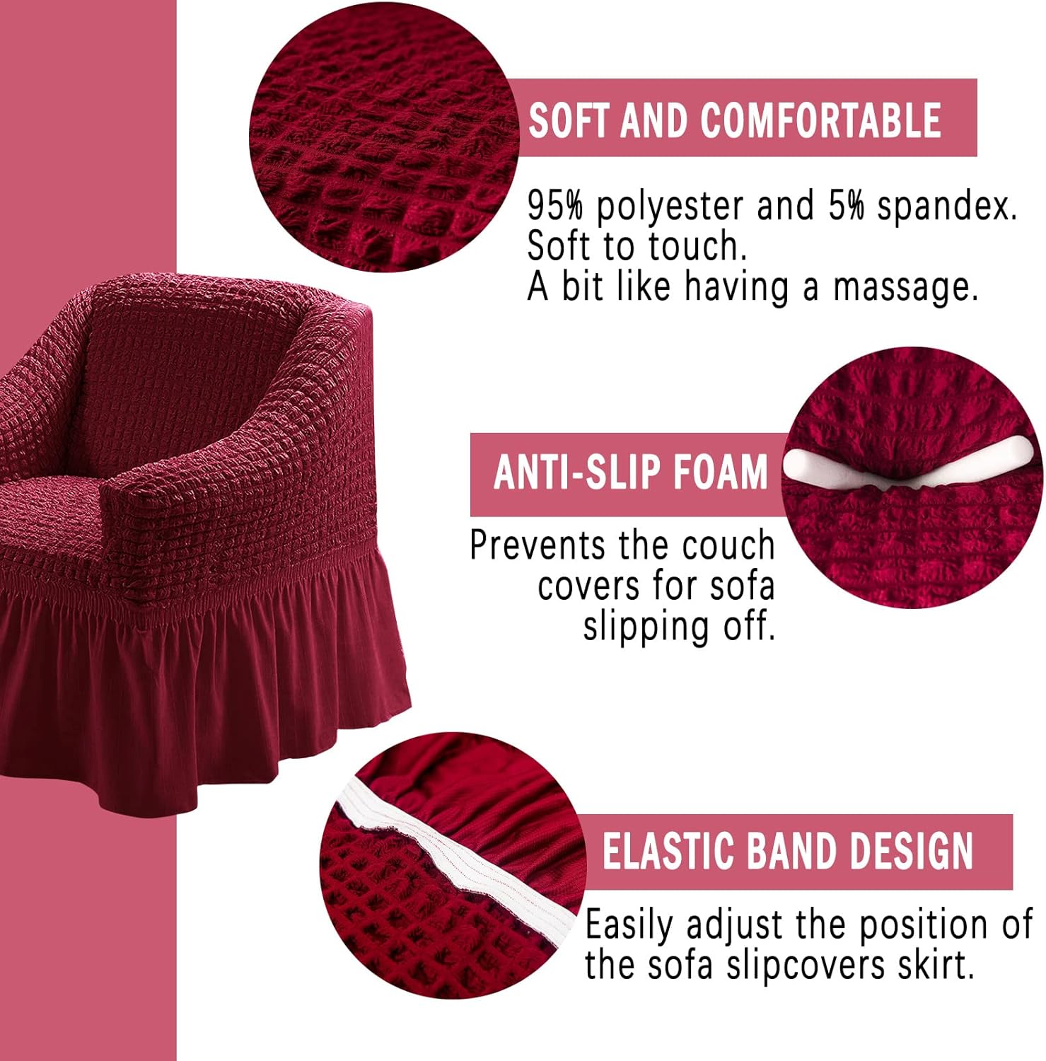 Stretch Armchair Slipcover Easy Fitted Sofa Couch Cover with Skirt, Durable Washable Universal High Elastic Furniture Protector for Kids, Pets (Small, Burgundy)