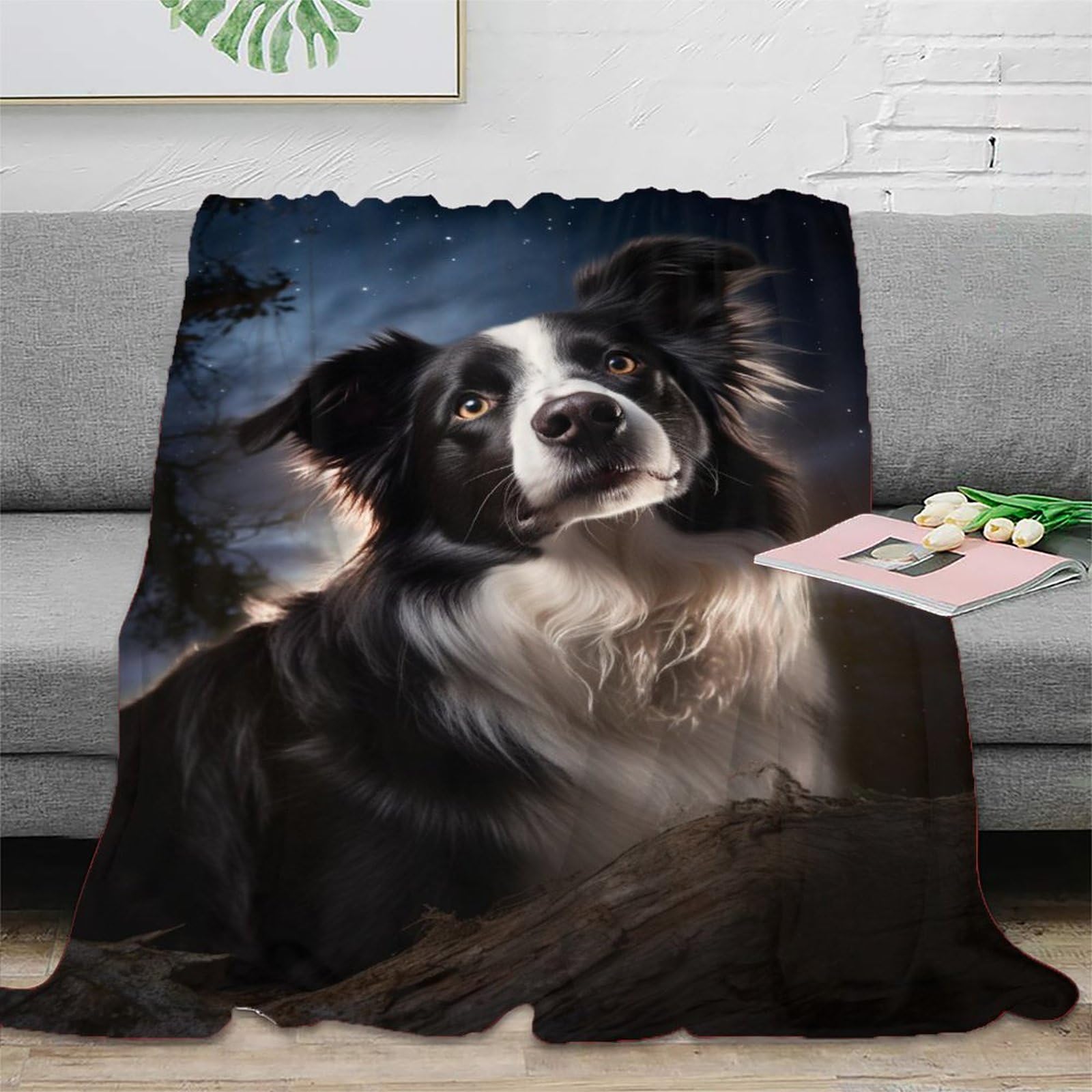 KeAan Border Collie Sherpa Blanket Cute Puppy Print Fleece Throw Blanket for Sofa Bed Couch Adult 3D Fuzzy Blanket Gift Plush Blanket Room Decor 40x50inch(100x130cm)