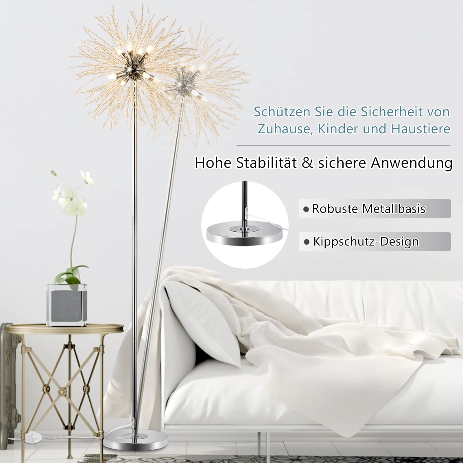 Lampada da terra moderna in cristallo Rayofly, cromata con fuochi d'artificio con interruttore a pedale,G9 a 8 luci, in vetro metallico