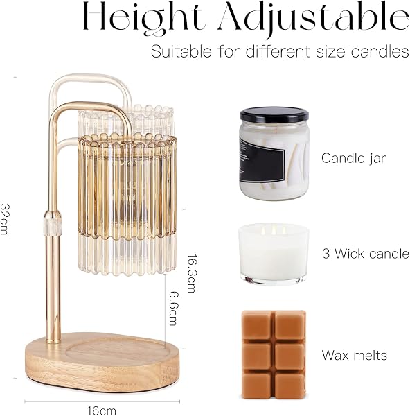 Candeldo Candle Warmer Lamp with Timer: Candle Warmer with 2 Bulbs Height Adjustable Dimmable Wax Melt Gold House Warming Gifts New Home Bedroom Decor Gifts for Women - 2