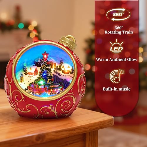 Miniatura 8 de Decoración musical de pueblo navideño de 6.3 pulgadas con tren giratorio y luces, temporizador automático de 6 horas y control de volumen, USB