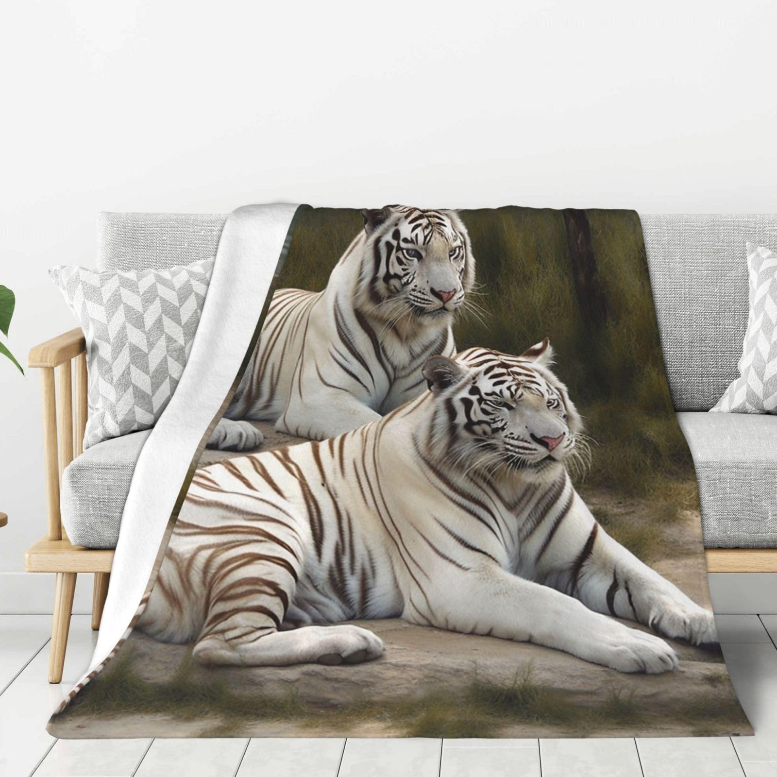 White Tigers Throw Blanket Plush Flannel Fleece Blanket, Soft Lightweight Cozy Blankets 50"X40" for Bed Couch Sofa Travel