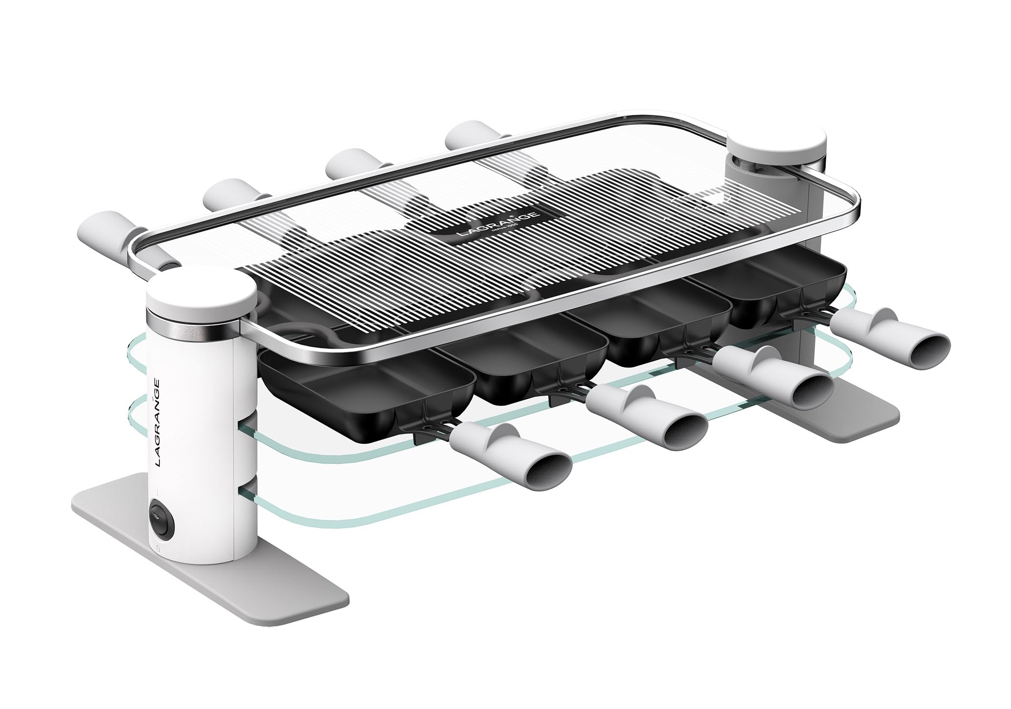 LAGRANGE Appareil à raclette 8 personnes, 1000 W, Plateaux verre, plateau supérieur démontable pour nettoyage simplifié, Repose poêlons intégré, Design épuré, Bouton marche/arrêt, 079801