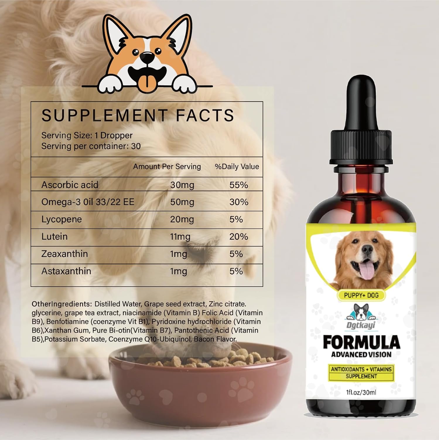Advanced Vision Formula for Dogs – Liquid Eye and Vision Support Supplement – Supports Clear Vision & Reduces Cloudy Eyes & Cataracts in Dogs – with Lutein & Zeaxanthin – 1oz (30ml) Oral Drops