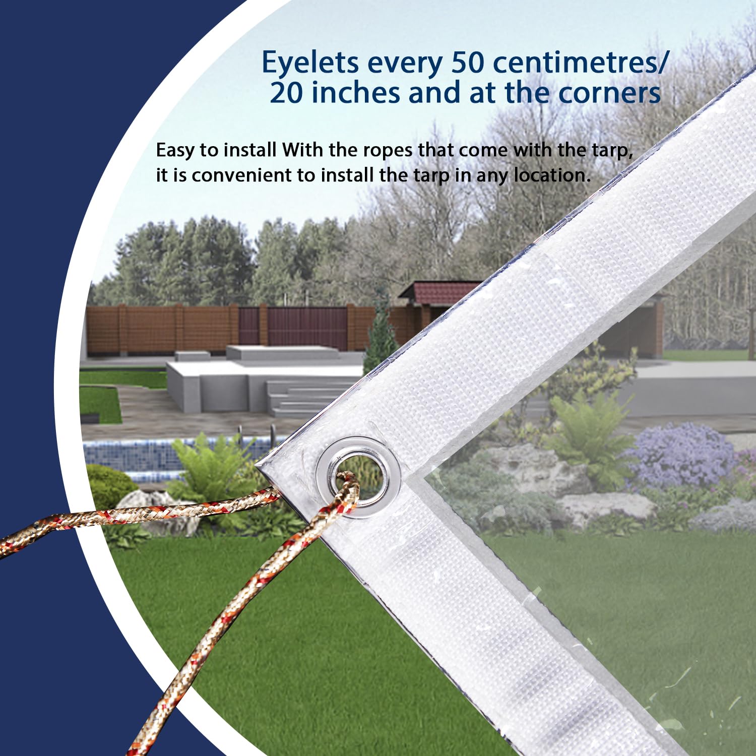 Bâche transparente imperméable très résistante de 1,5 x 2 m - 420 g/m², avec œillets, pour couverture de pergola et terrasse, livrée avec corde et attaches de câble