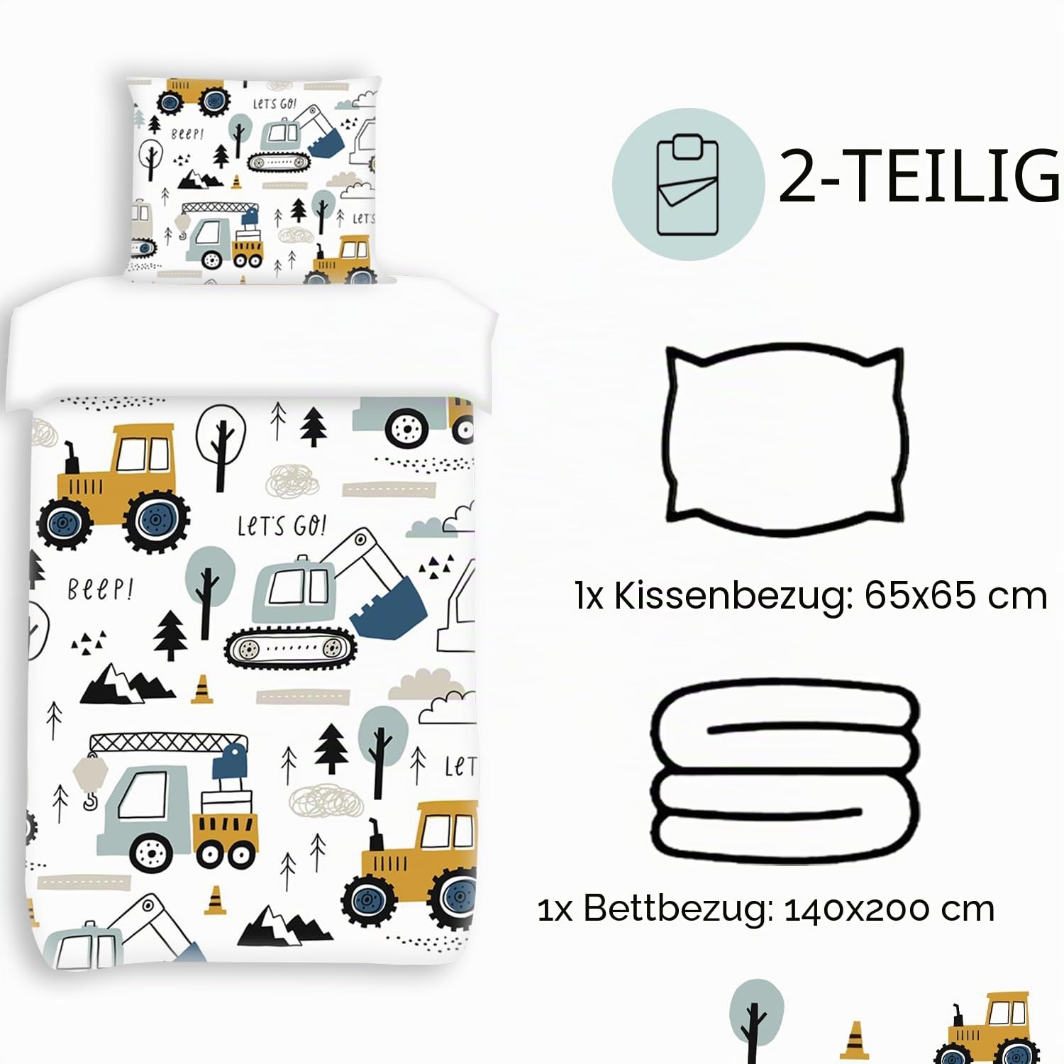 Homemissing Bettwsche-Set, Cartoon-Auto, Bau, 140 x 200 cm, Set fr Kinder, Jungen, Lkw-Ausrstung, Bagger, Traktor, Wei, Gelb