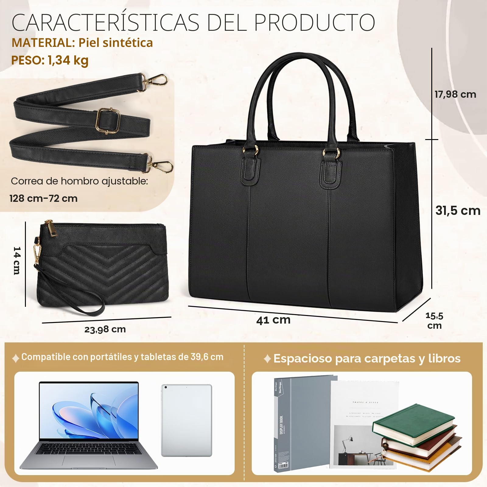 NEWHEY Bolso Universidad Mujer 15.6 Pulgadas Laptop Bolsa Trabajo Tote Grande con Embrague Cuero PU Maletín Bandolera Escuela Messenger Bolsa de Hombro Oficina Viajes Negocios
