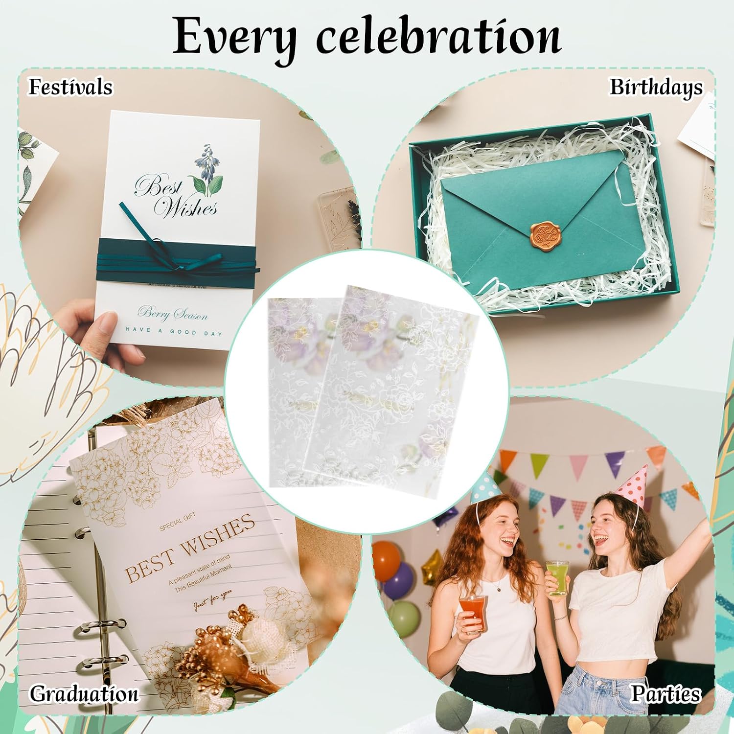 120pcs Vellum Jackets for Invitations, 18x13cm/5x7in Rose Pattern Translucent Pre-Folded Envelope Sleeves with 120 Sealing Stickers for Baby Shower Birthday Wedding Invitation Accessories