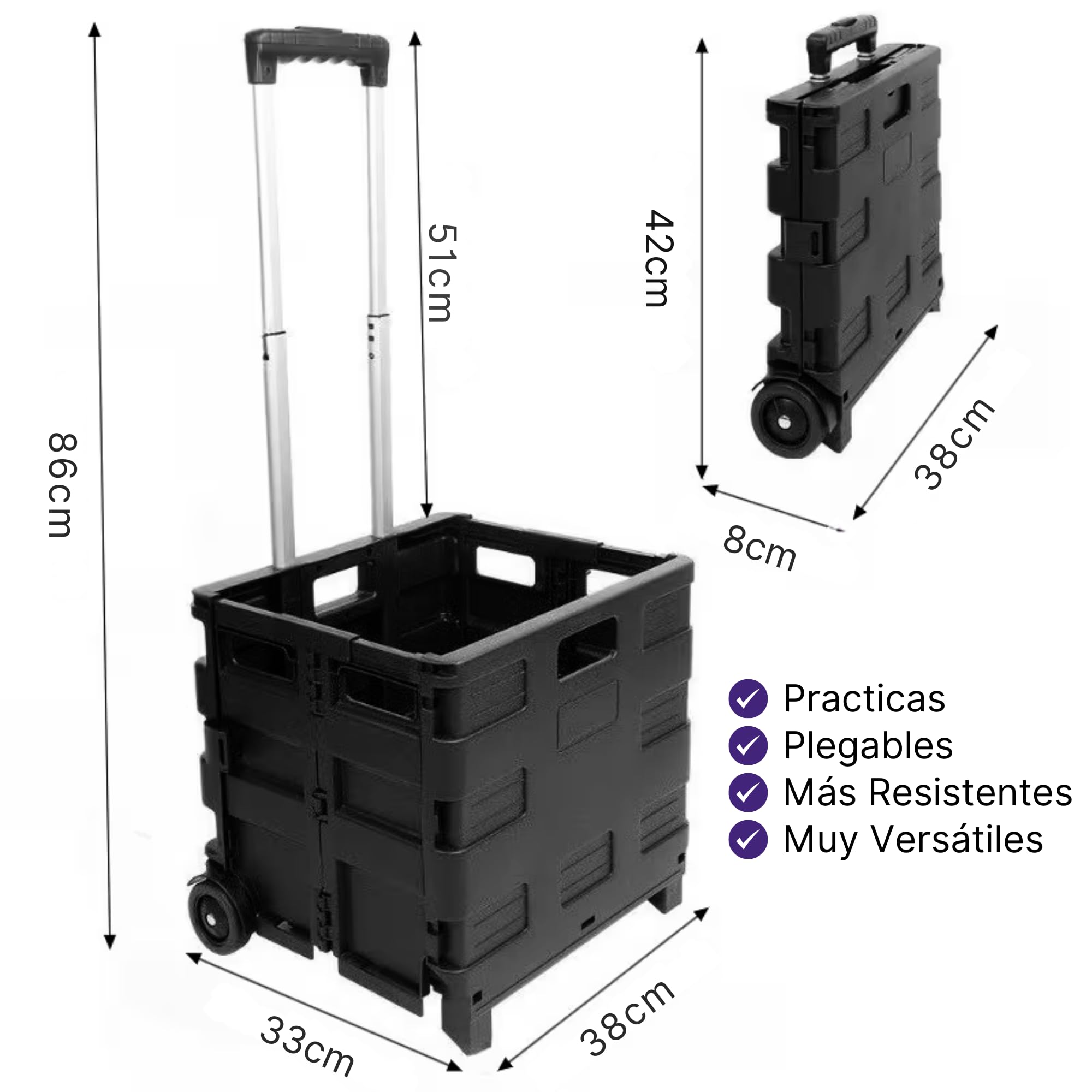 Pack de 2 Caja Plegable con Ruedas Multiusos | Carrito Compra Resistente 25kg | Cesta con Ruedas para uso Camping o Reciclaje | Ocupa poco espacio
