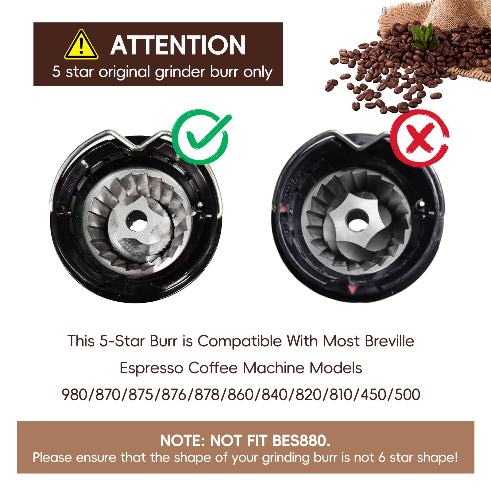 Set di macine coniche di ricambio Breville Macinacaffè Breville (Pre 1926 Pdc), adatto per macina espresso Breville Bes980/870/875/876/878 Parte di sbavatura per macchina da espresso, forma a 5 stelle