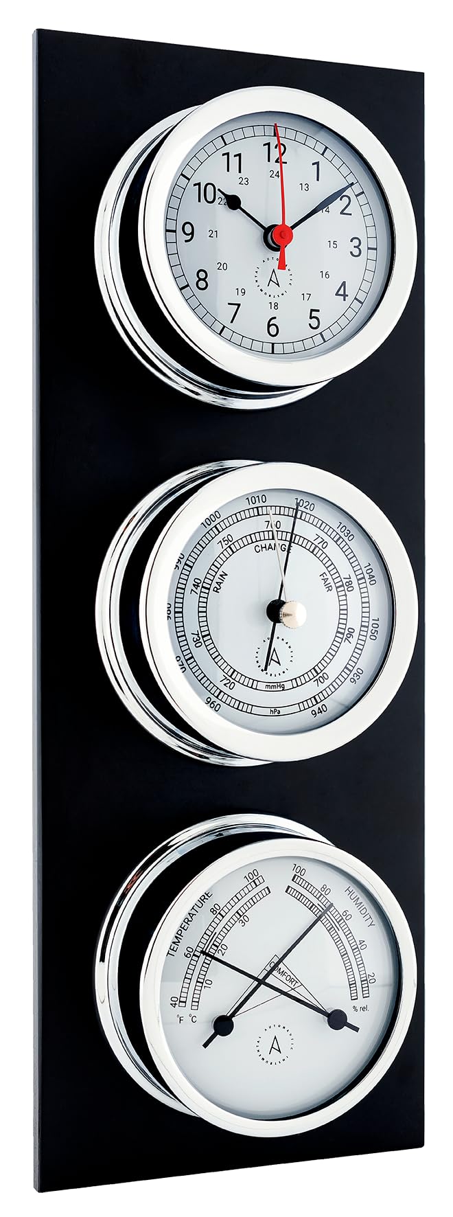Autonautic - Stazione meteorologica nautica in ottone cromato - Orologio, barometro e termoigrometro, per imbarcazioni o decorazione - 95mm (ø) - Made in Spain.