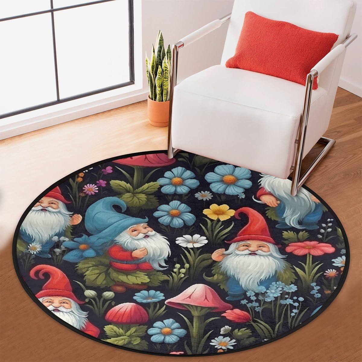 Cute Gnomes Mushroom Flower Round Area Rug 5Ft Non-Slip Round Rugs Washable Soft Circle Mat Decor Carpet for Bedroom Living Room Dining Room Entryway Nursery Indoor
