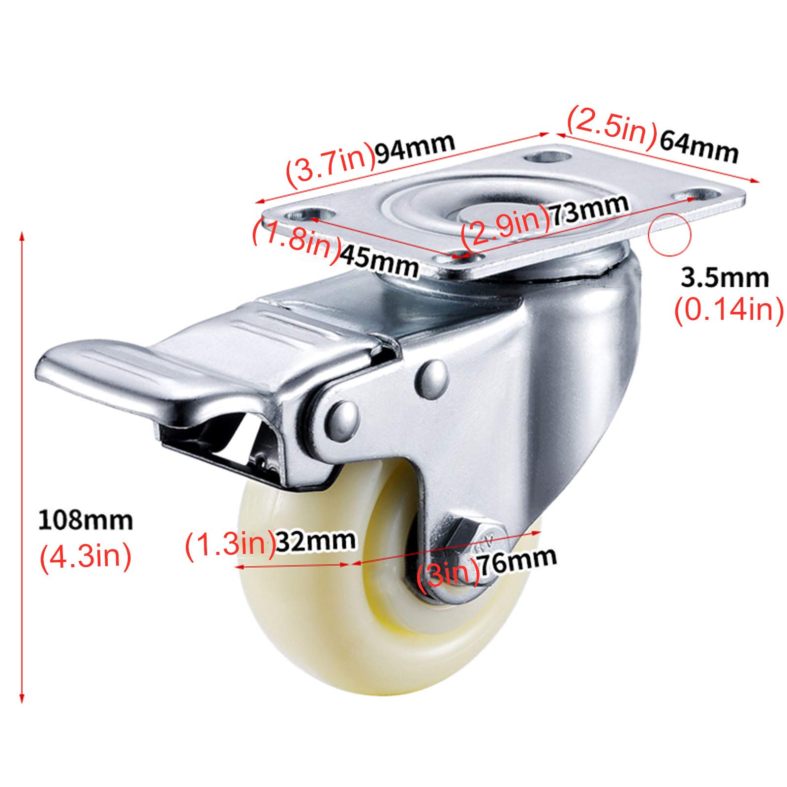 Ruote girevoli in nylon per carrelli industriali con doppio cuscinetto – Set di 4 (76 mm) – Freno e misura universale