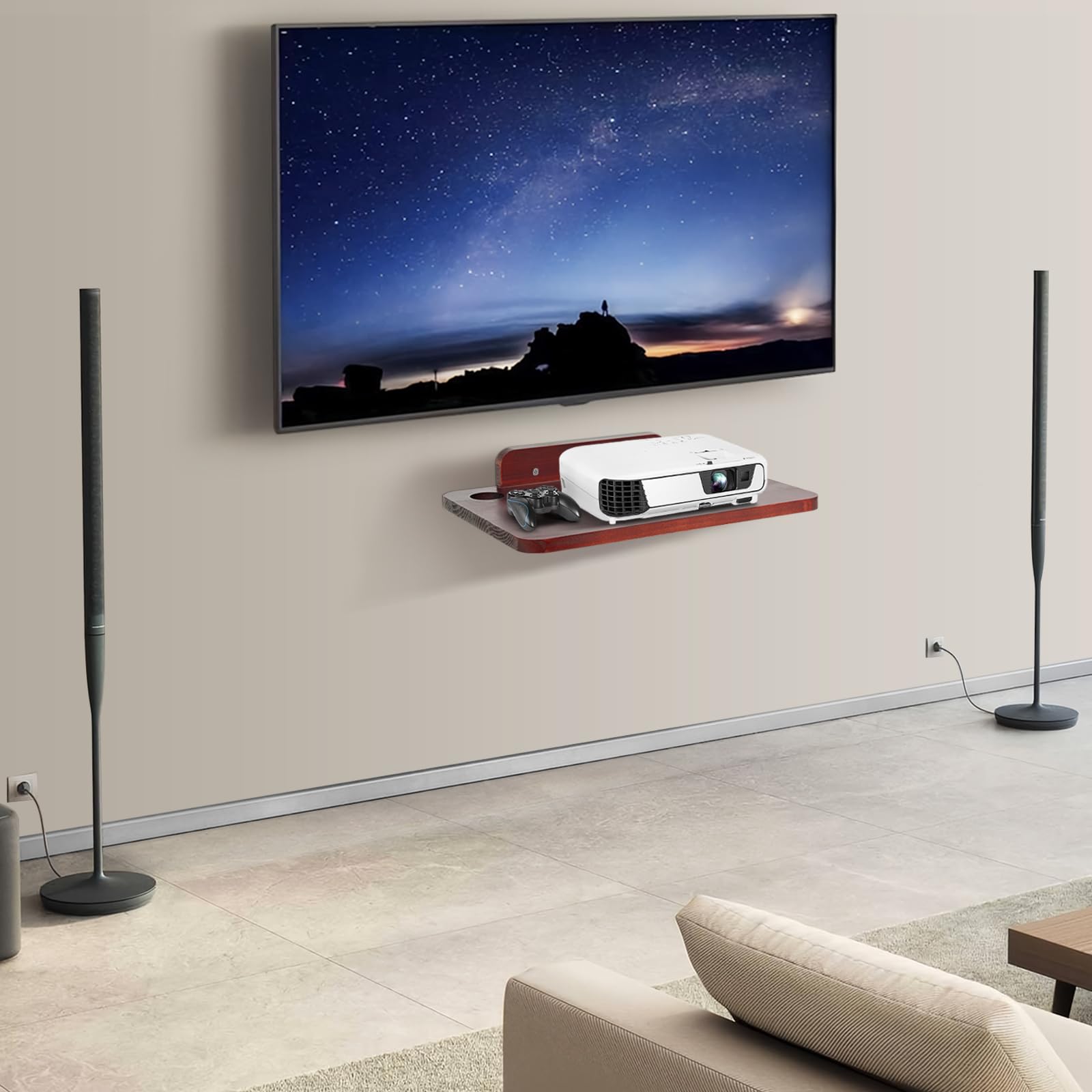 Massivholz Projektor & Router Halterung – Weiß, 35x20 Cm, Schweberegal Mit Kabelmanagement, Für Wandmontage