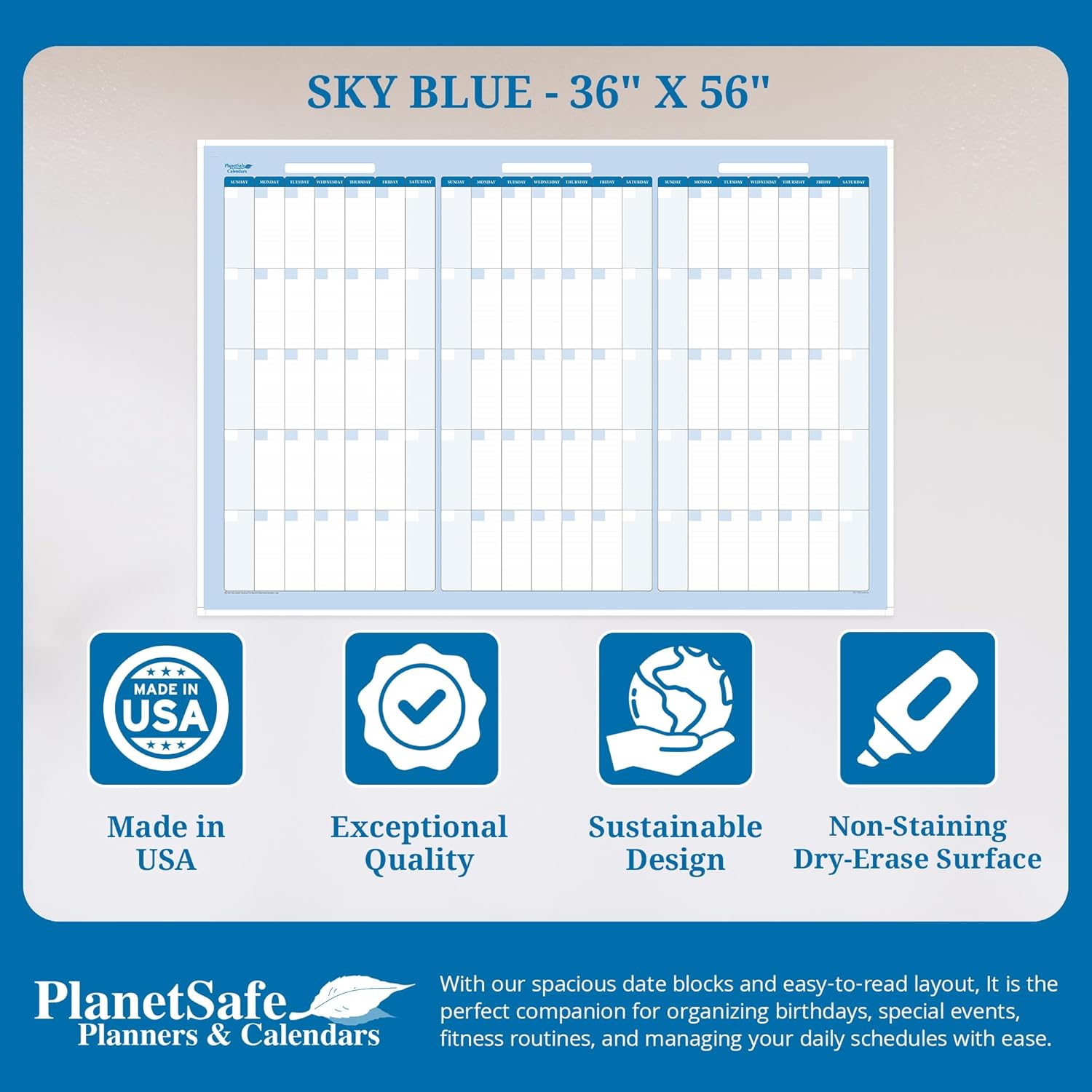 48" x 32" Sky Blue Vertical 90-Day Task, Goals and Objective Erasable Calendar - Large Wall Planner for Home, Office, School - Ideal for Scheduling, Budget Organization - Complete with fine tip dry-erase marker and eraser