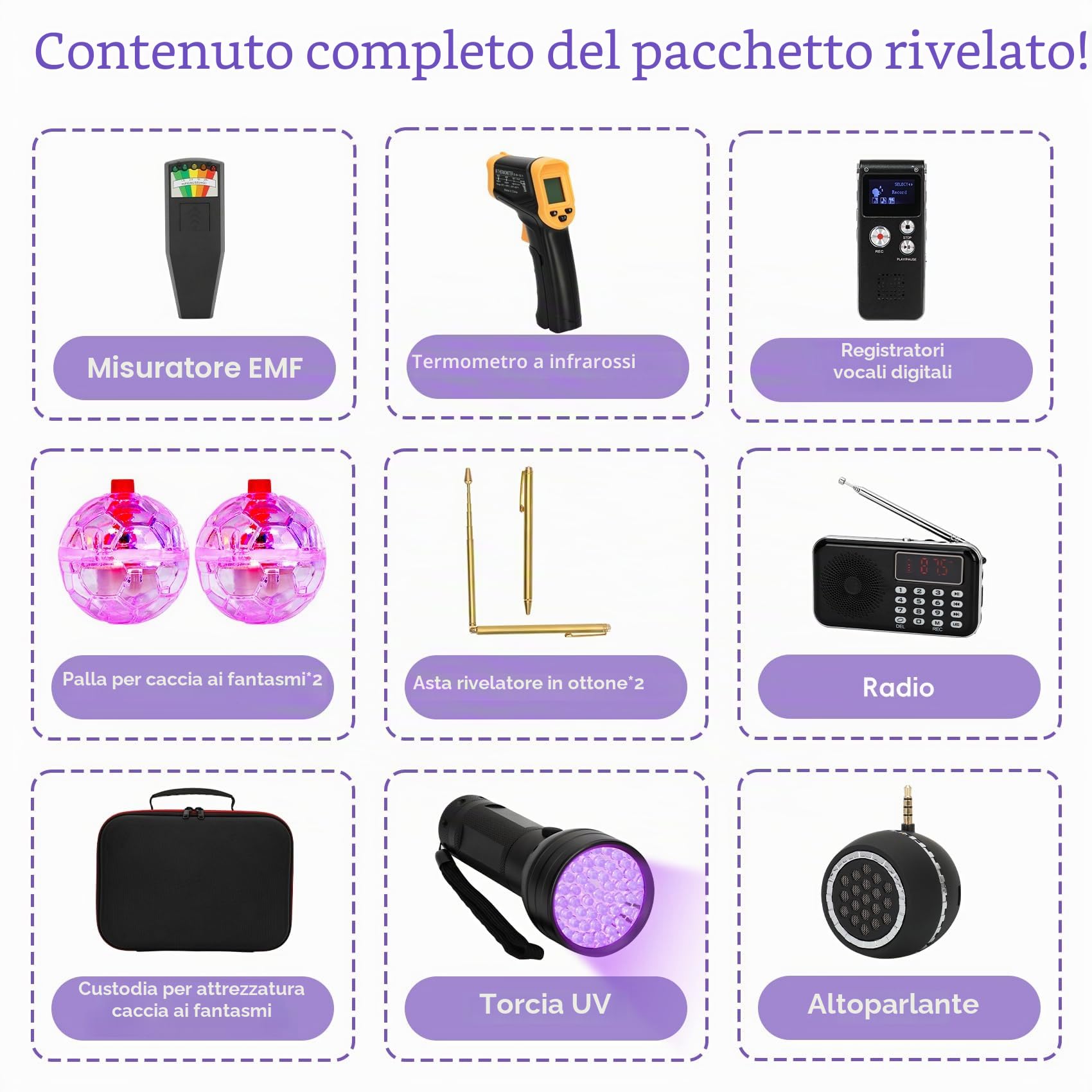 Kit da caccia fantasma da 11 pezzi con 1 misuratore EMF, 1 registratore EVP, 1 Spirit Box, 1 altoparlante, 1 termometro a infrarossi, 1 luce UV, 2 aste di rilevamento in ottone, 2 palline LED per